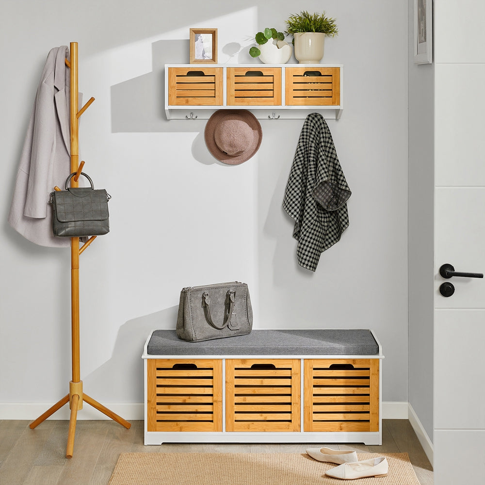 SoBuy FHK19-WN, Wall Coat Rack Wall Shelf Wall Storage Cabinet Unit with 3 Drawers 4 Hooks