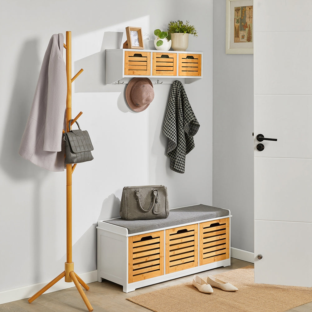 SoBuy FHK19-WN, Wall Coat Rack Wall Shelf Wall Storage Cabinet Unit with 3 Drawers 4 Hooks