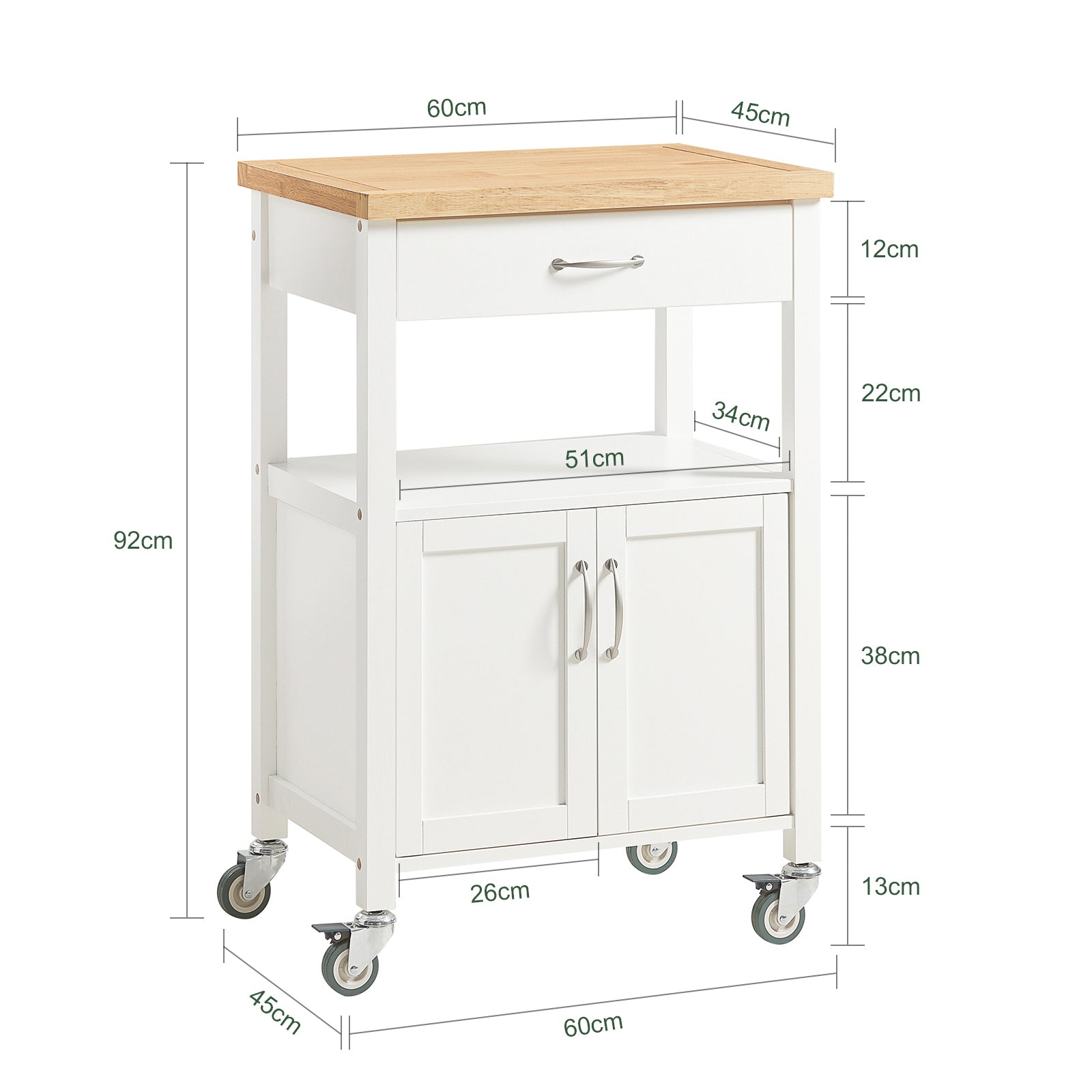 SoBuy Kitchen Trolley Cart Storage Trolley Serving Trolley Kitchen Cabinet with Rubber Wood Worktop FKW22-WN