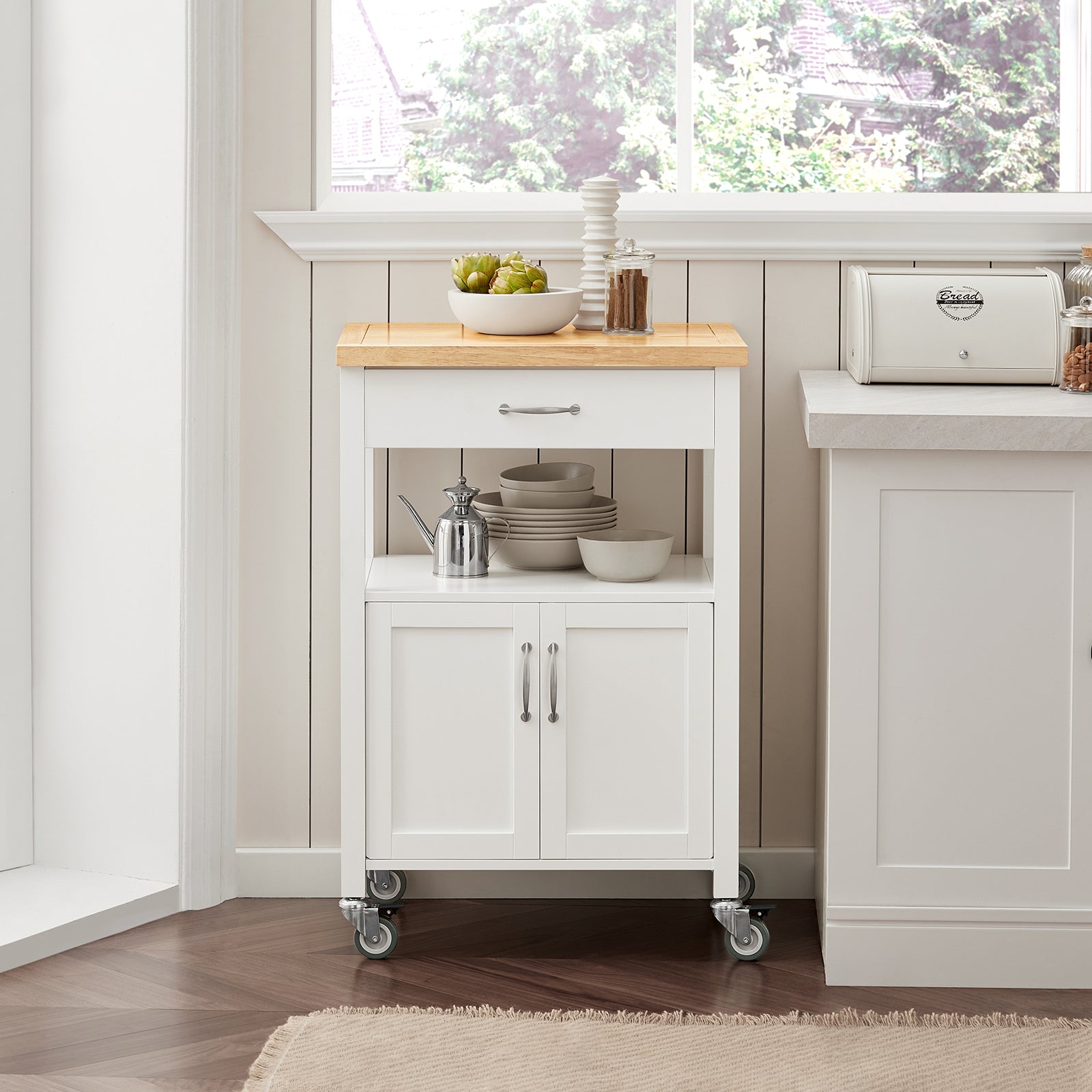 SoBuy Kitchen Trolley Cart Storage Trolley Serving Trolley Kitchen Cabinet with Rubber Wood Worktop FKW22-WN