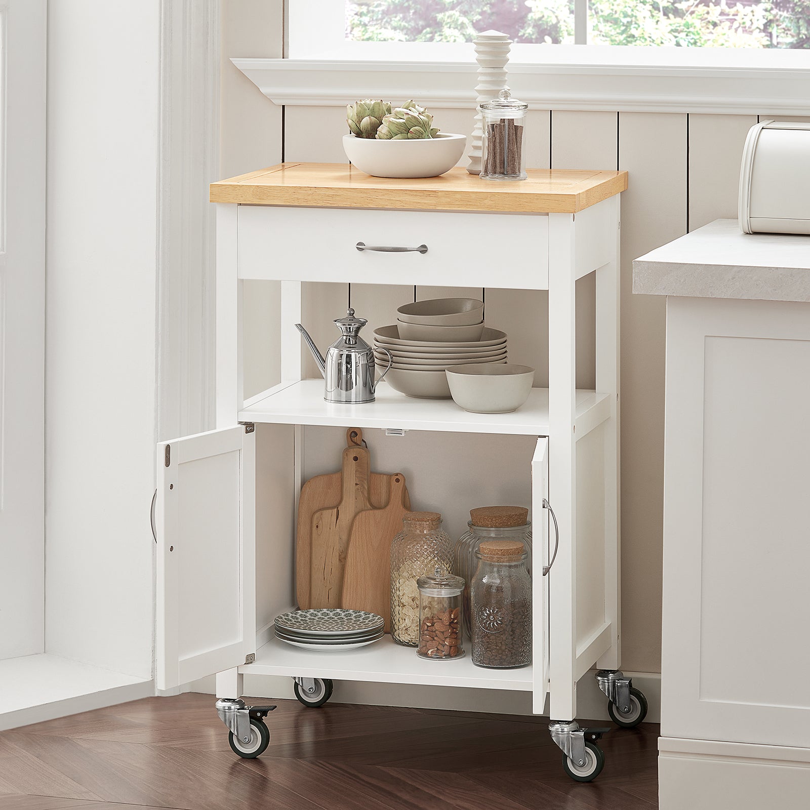 SoBuy Kitchen Trolley Cart Storage Trolley Serving Trolley Kitchen Cabinet with Rubber Wood Worktop FKW22-WN