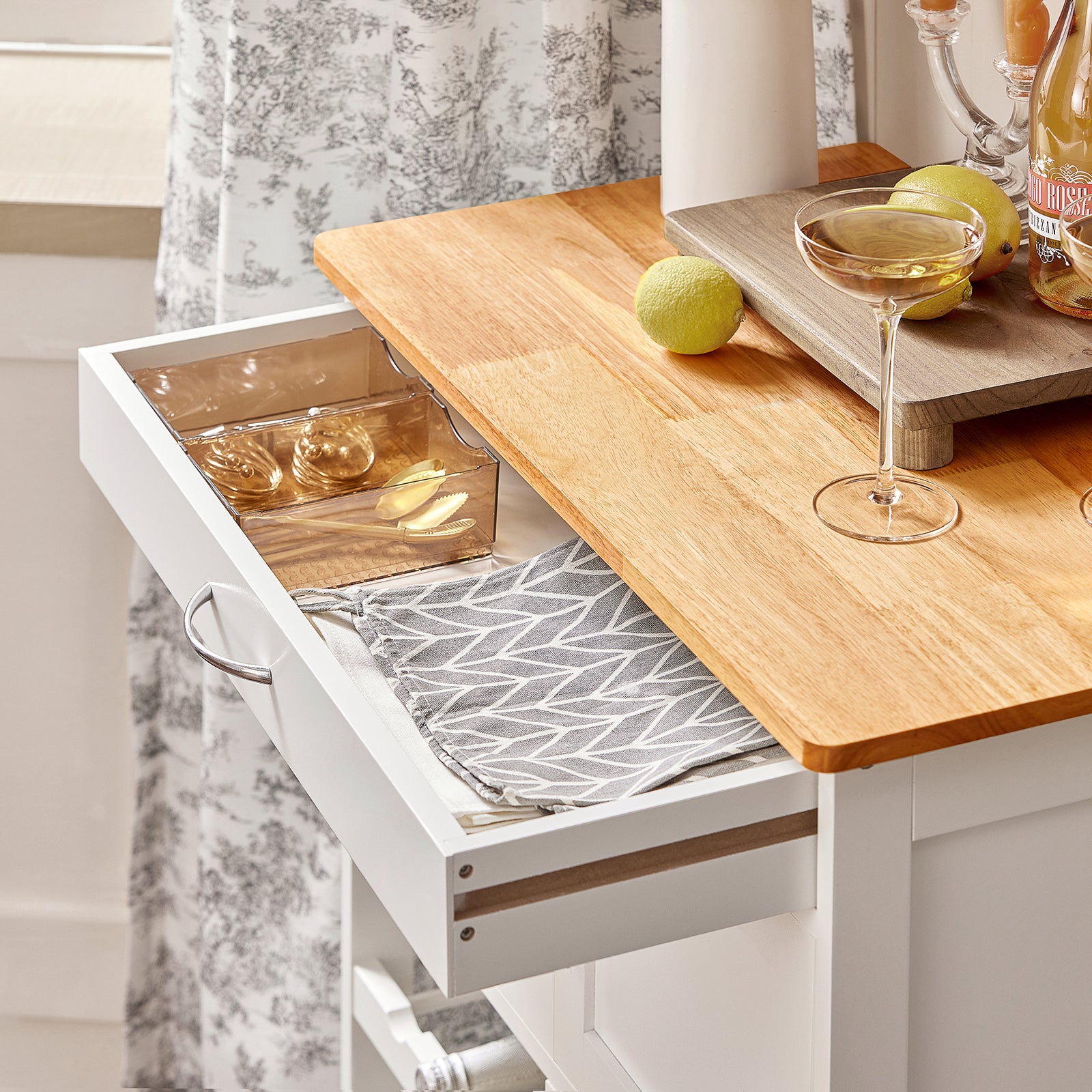 SoBuy FKW45-WN,Kitchen Storage Serving Trolley Cart with Rubber Wood Worktop,Kitchen Storage Cabinet