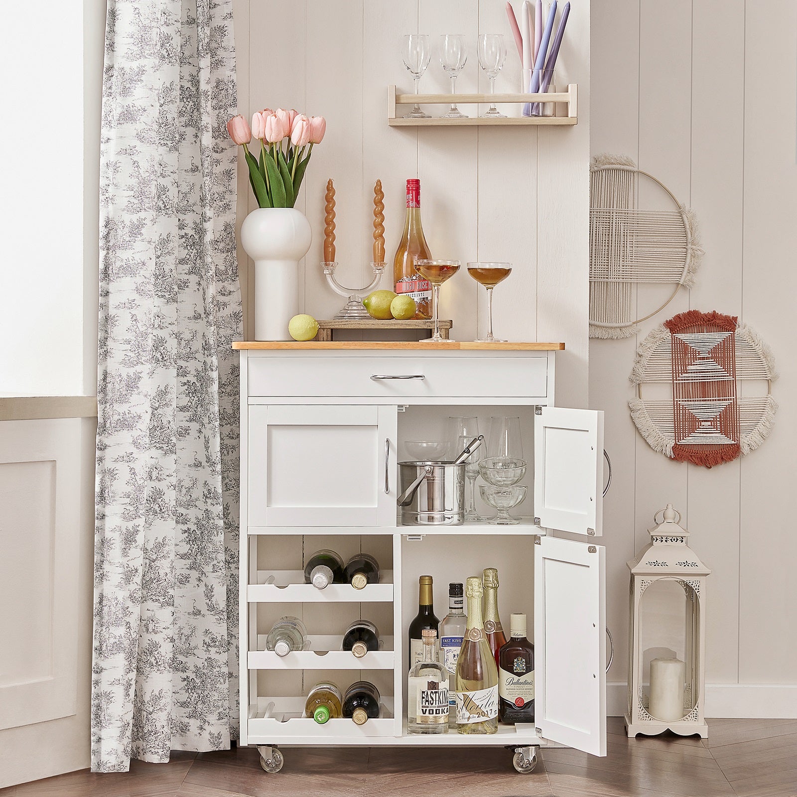 SoBuy FKW45-WN,Kitchen Storage Serving Trolley Cart with Rubber Wood Worktop,Kitchen Storage Cabinet
