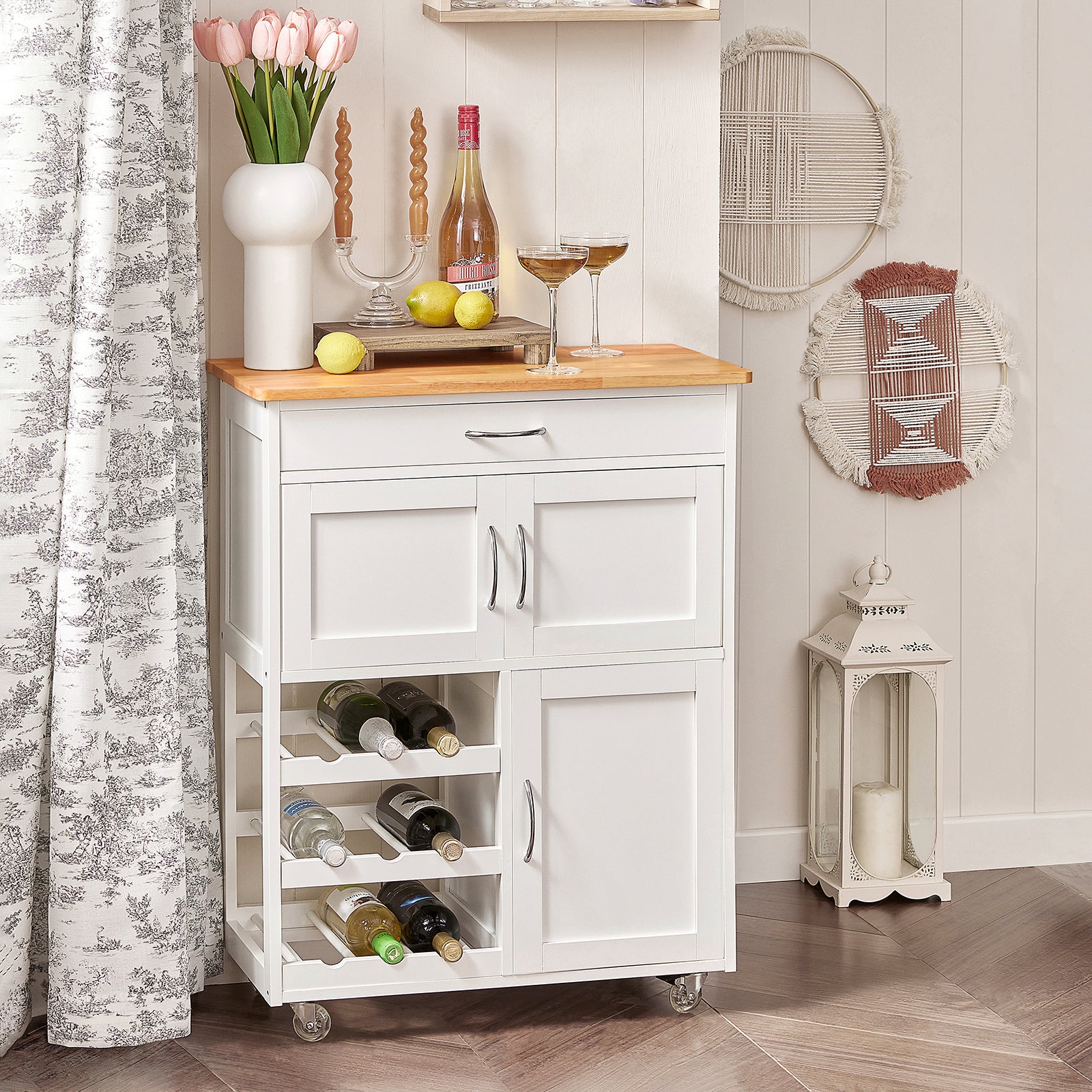 SoBuy FKW45-WN,Kitchen Storage Serving Trolley Cart with Rubber Wood Worktop,Kitchen Storage Cabinet