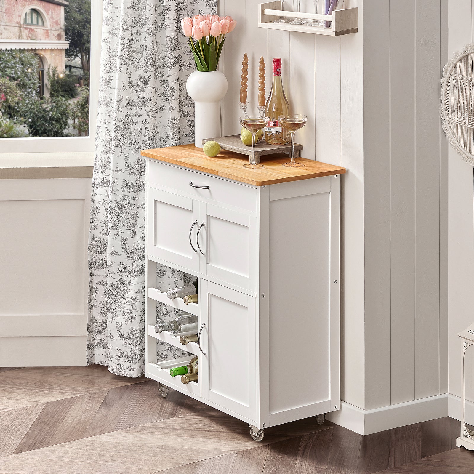 SoBuy FKW45-WN,Kitchen Storage Serving Trolley Cart with Rubber Wood Worktop,Kitchen Storage Cabinet