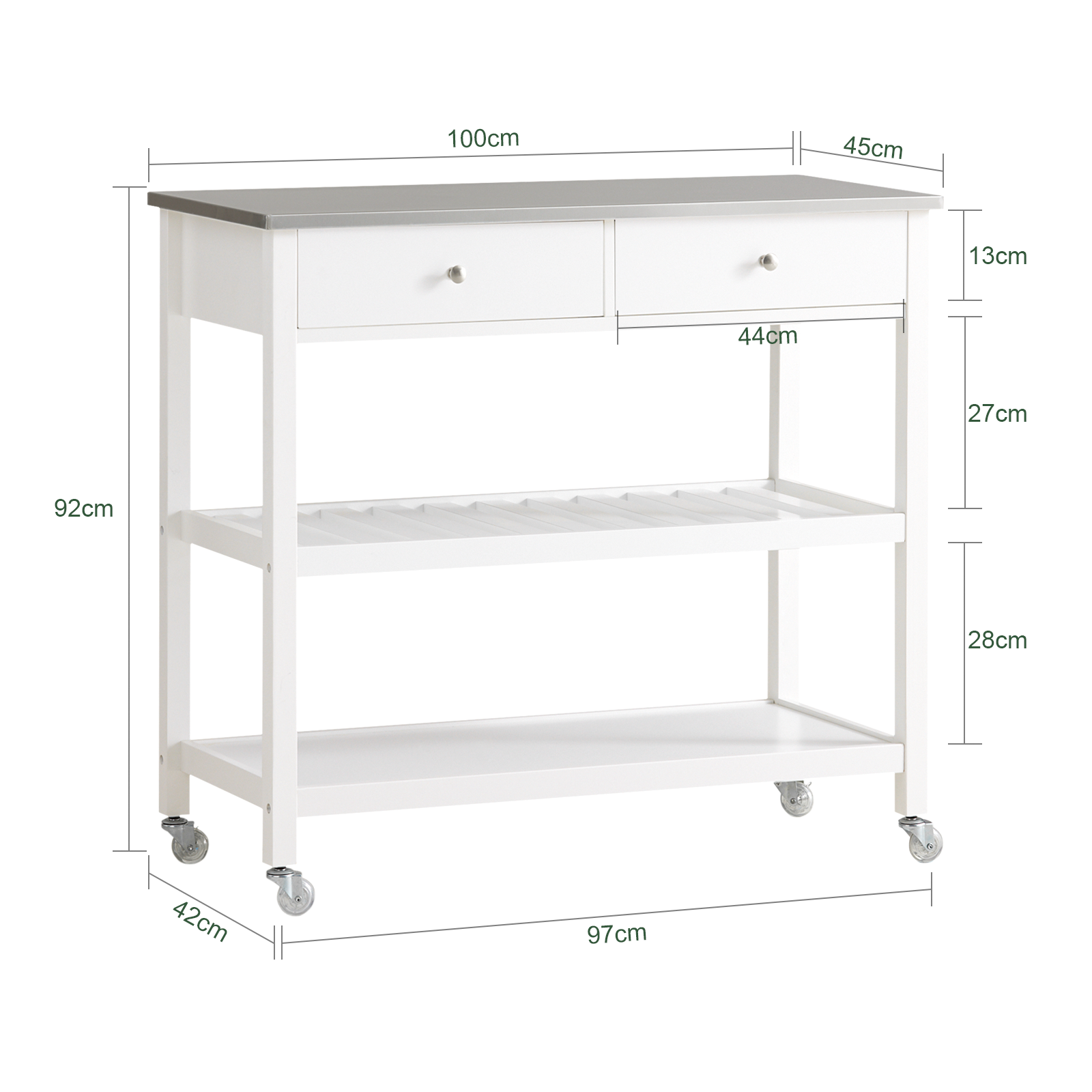 SoBuy FKW47-W, White Kitchen Storage Serving Trolley Cart with Stainless Steel Worktop, W100 x D45 x H92cm