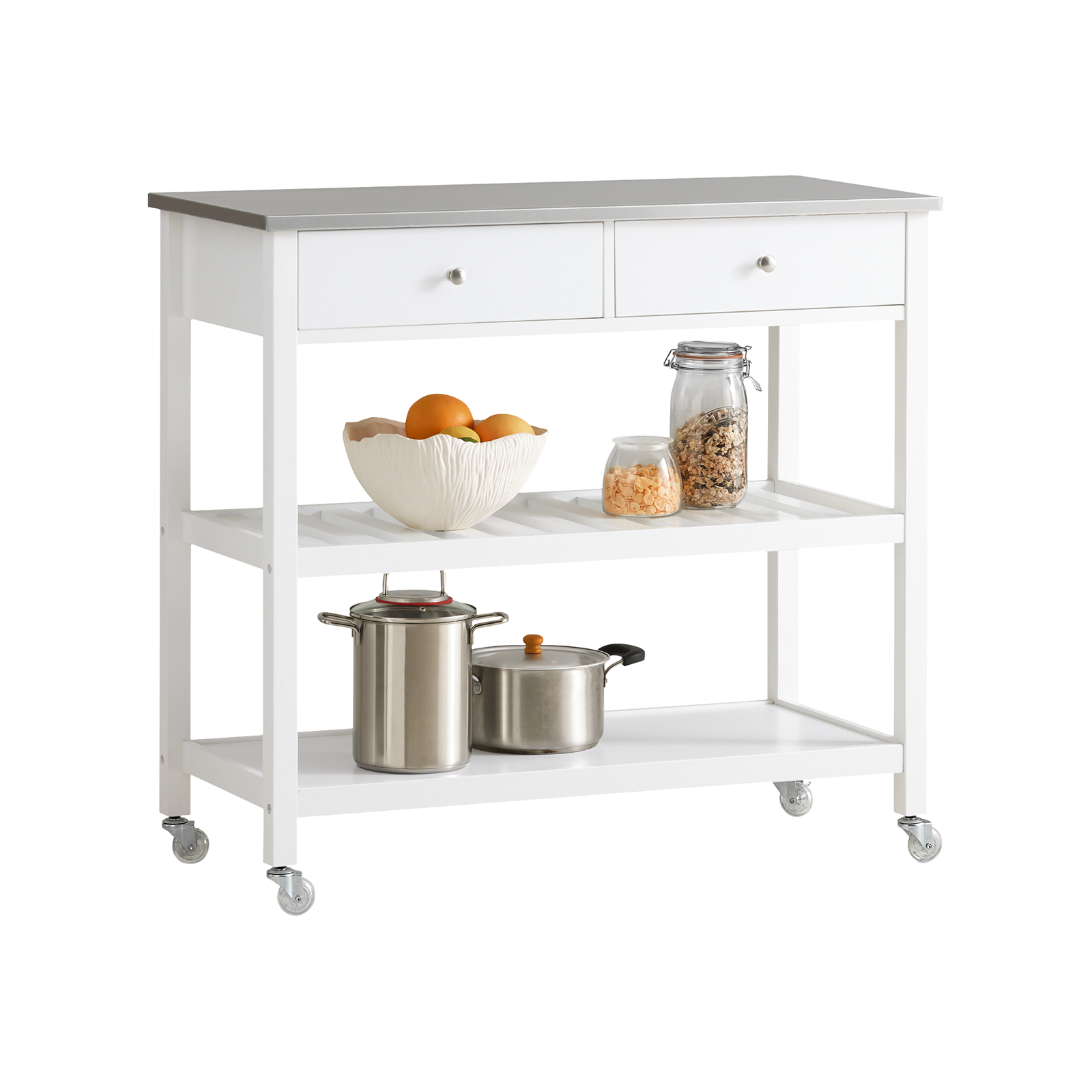SoBuy FKW47-W, White Kitchen Storage Serving Trolley Cart with Stainless Steel Worktop, W100 x D45 x H92cm