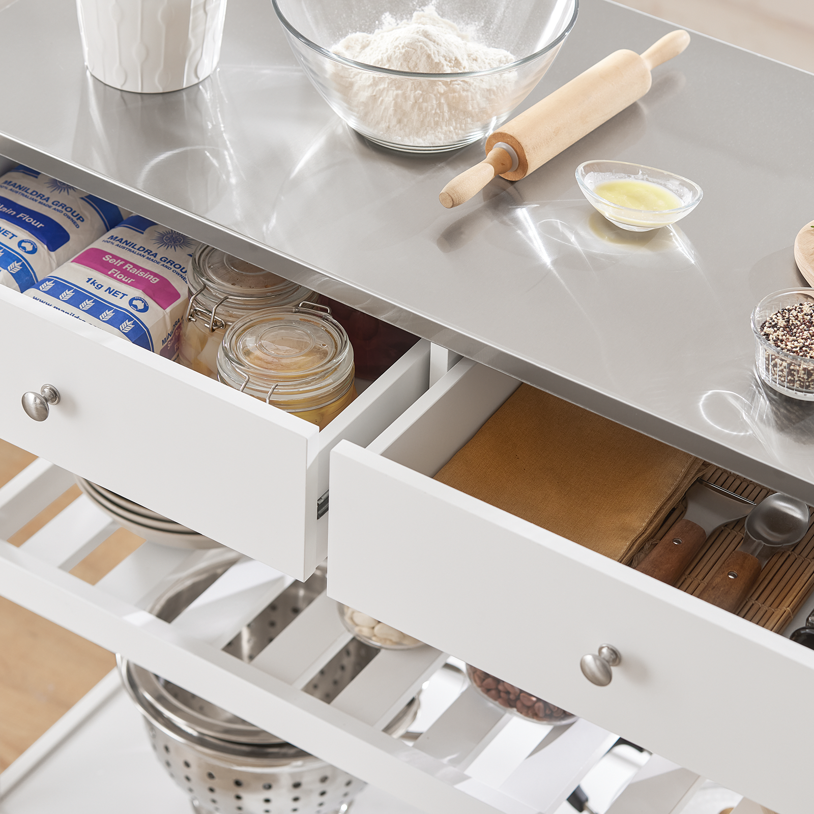 SoBuy FKW47-W, White Kitchen Storage Serving Trolley Cart with Stainless Steel Worktop, W100 x D45 x H92cm