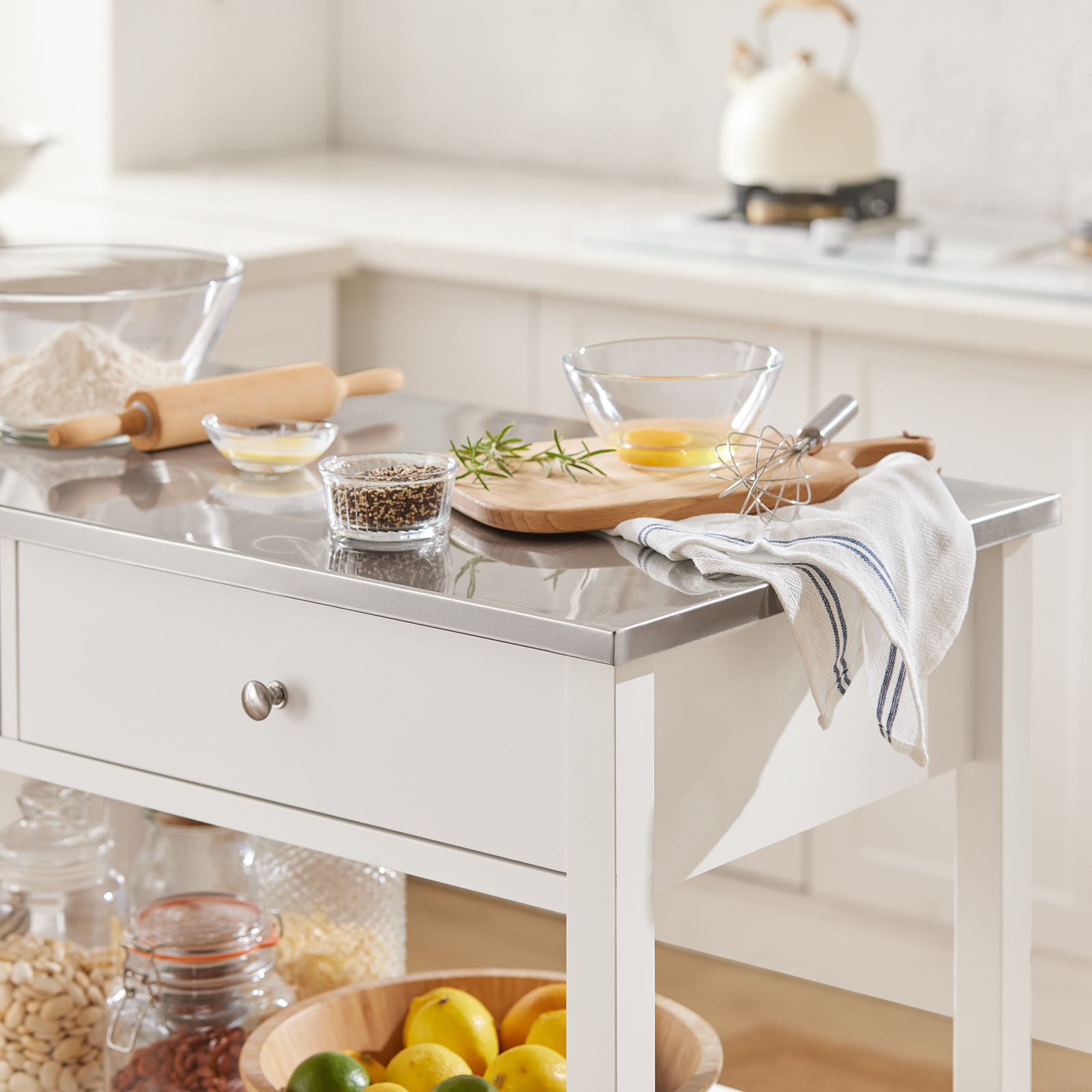 SoBuy FKW47-W, White Kitchen Storage Serving Trolley Cart with Stainless Steel Worktop, W100 x D45 x H92cm