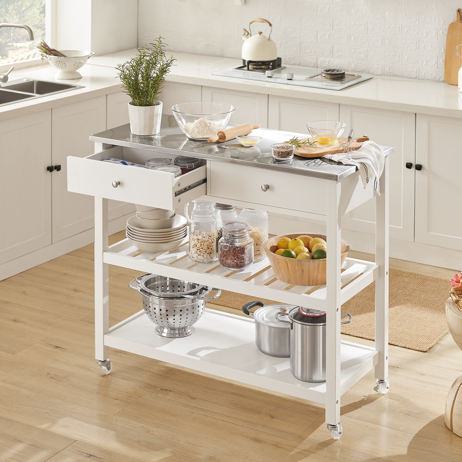SoBuy FKW47-W, White Kitchen Storage Serving Trolley Cart with Stainless Steel Worktop, W100 x D45 x H92cm