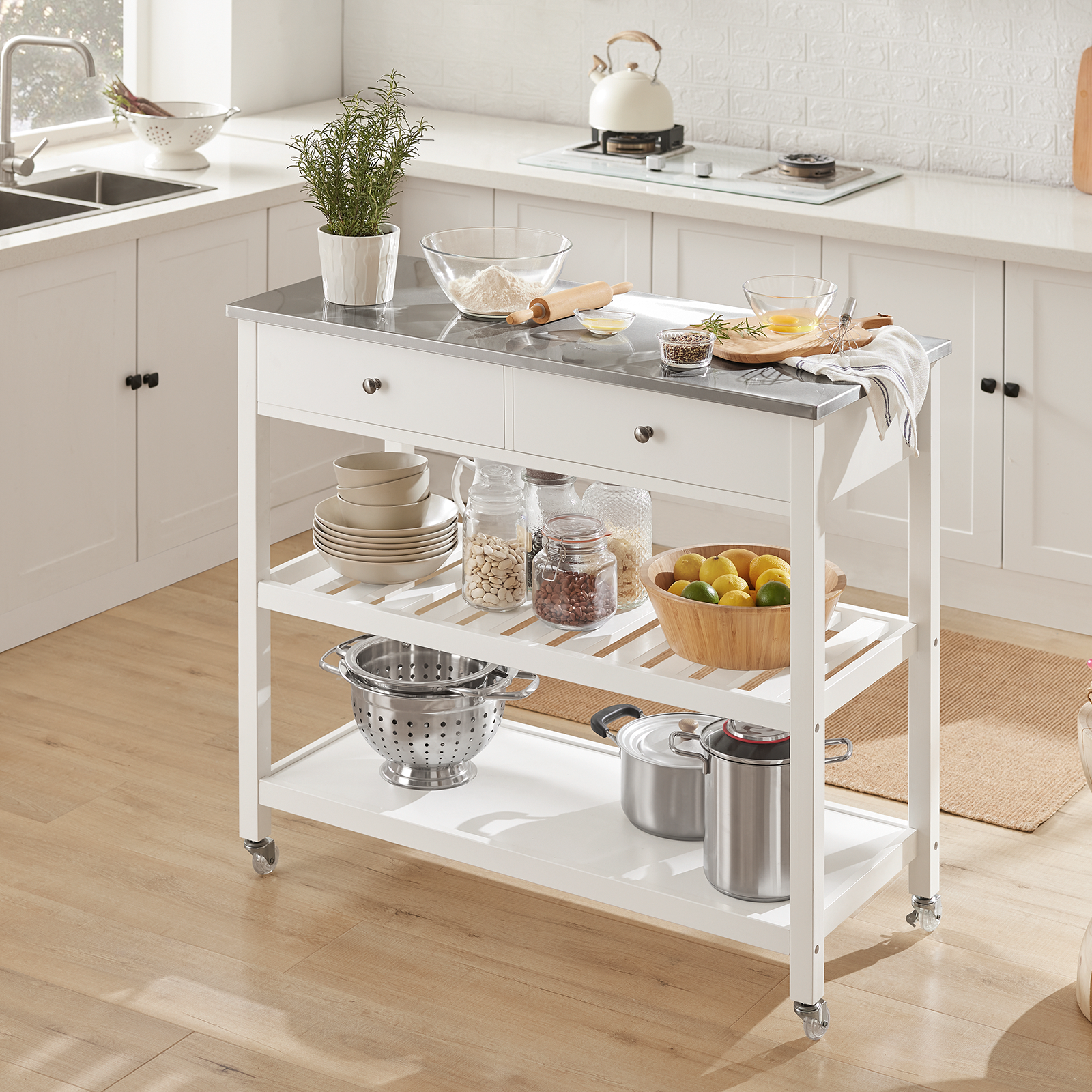 SoBuy FKW47-W, White Kitchen Storage Serving Trolley Cart with Stainless Steel Worktop, W100 x D45 x H92cm