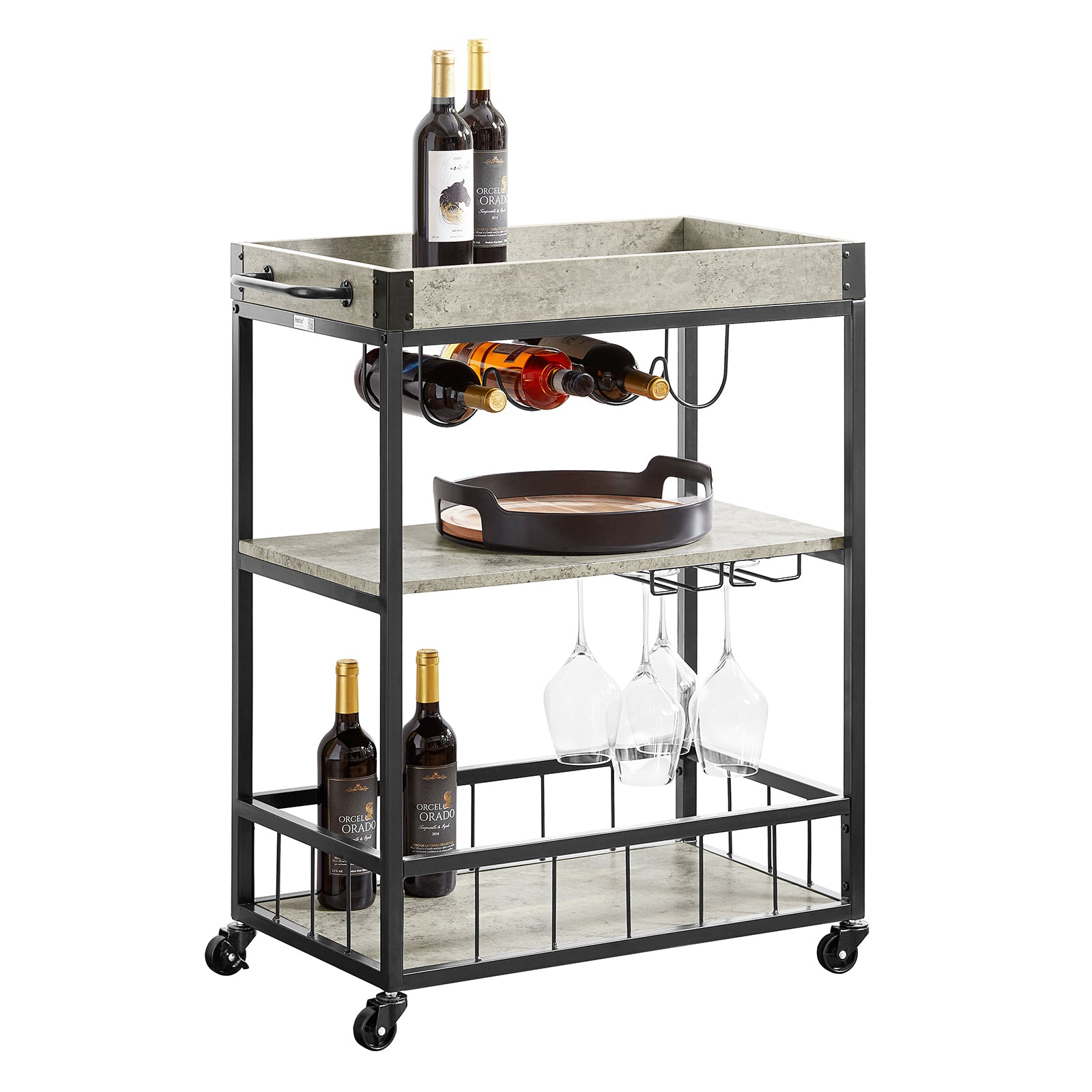 SoBuy Modern Design 3 Tiers Kitchen Trolley Serving Trolley with Wine Rack Metal & MDF,FKW56-HG
