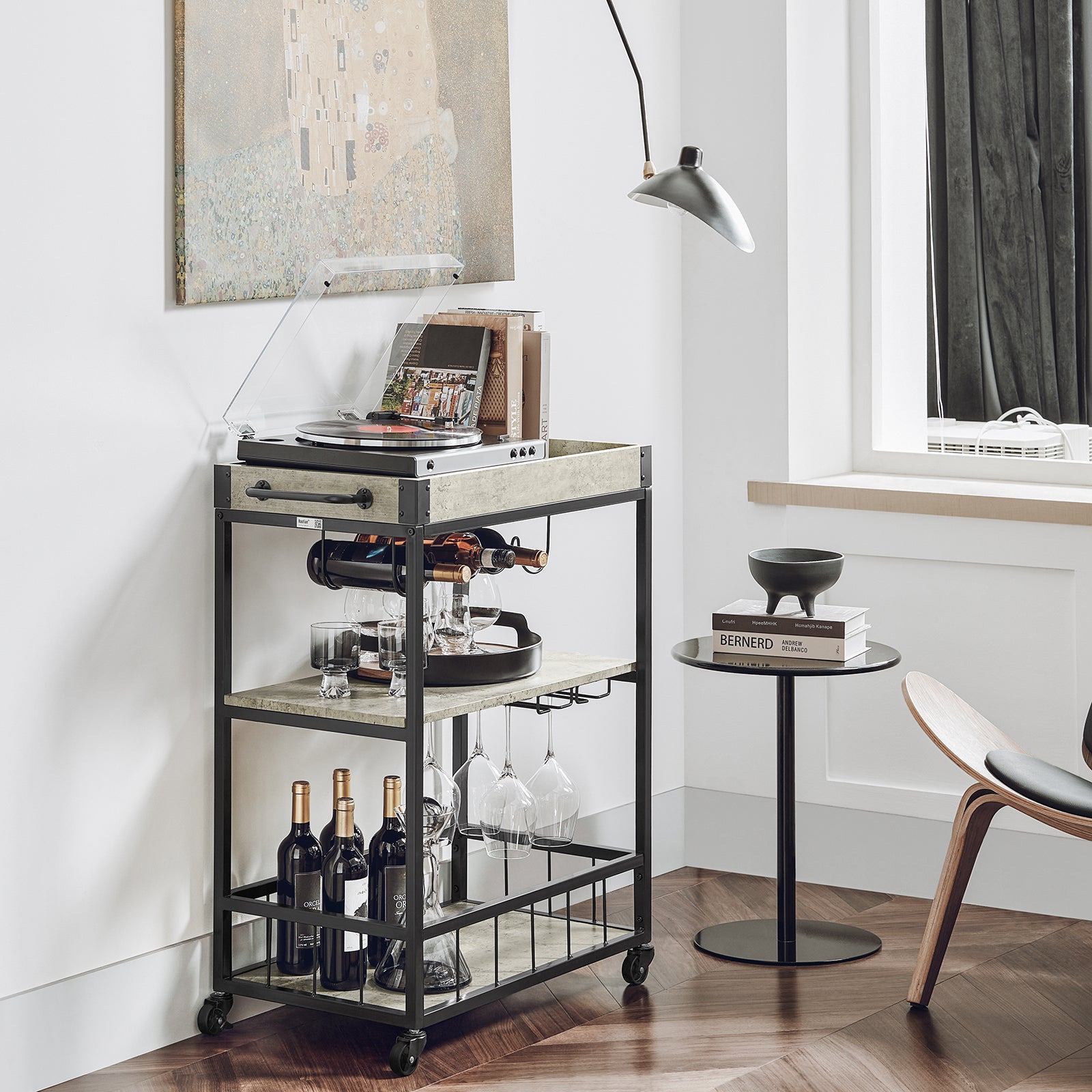SoBuy Modern Design 3 Tiers Kitchen Trolley Serving Trolley with Wine Rack Metal & MDF,FKW56-HG