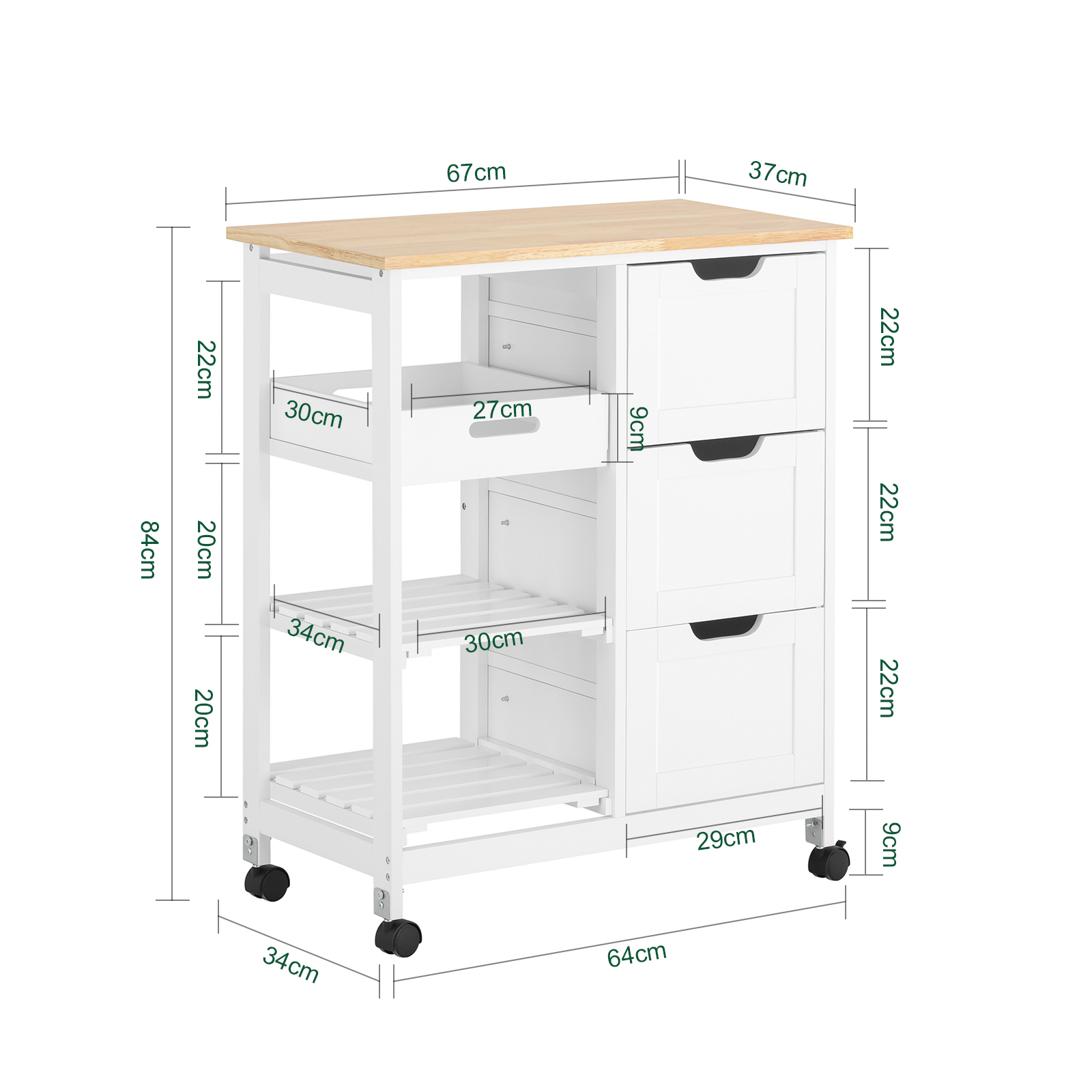 SoBuy FKW79-W,Kitchen Serving Cart with 3 Drawers and Removable Tray,Kitchen Storage Trolley,White