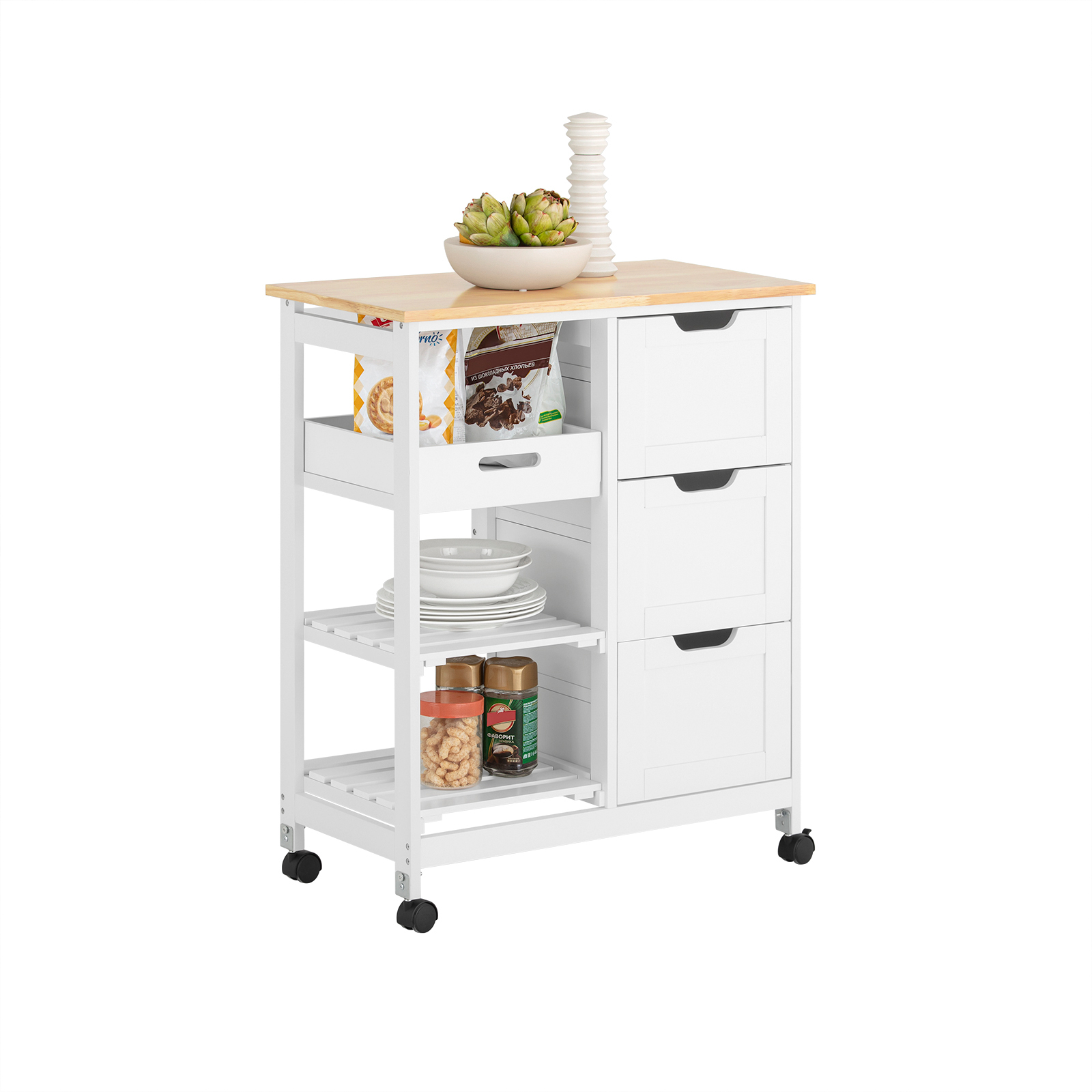 SoBuy FKW79-W,Kitchen Serving Cart with 3 Drawers and Removable Tray,Kitchen Storage Trolley,White