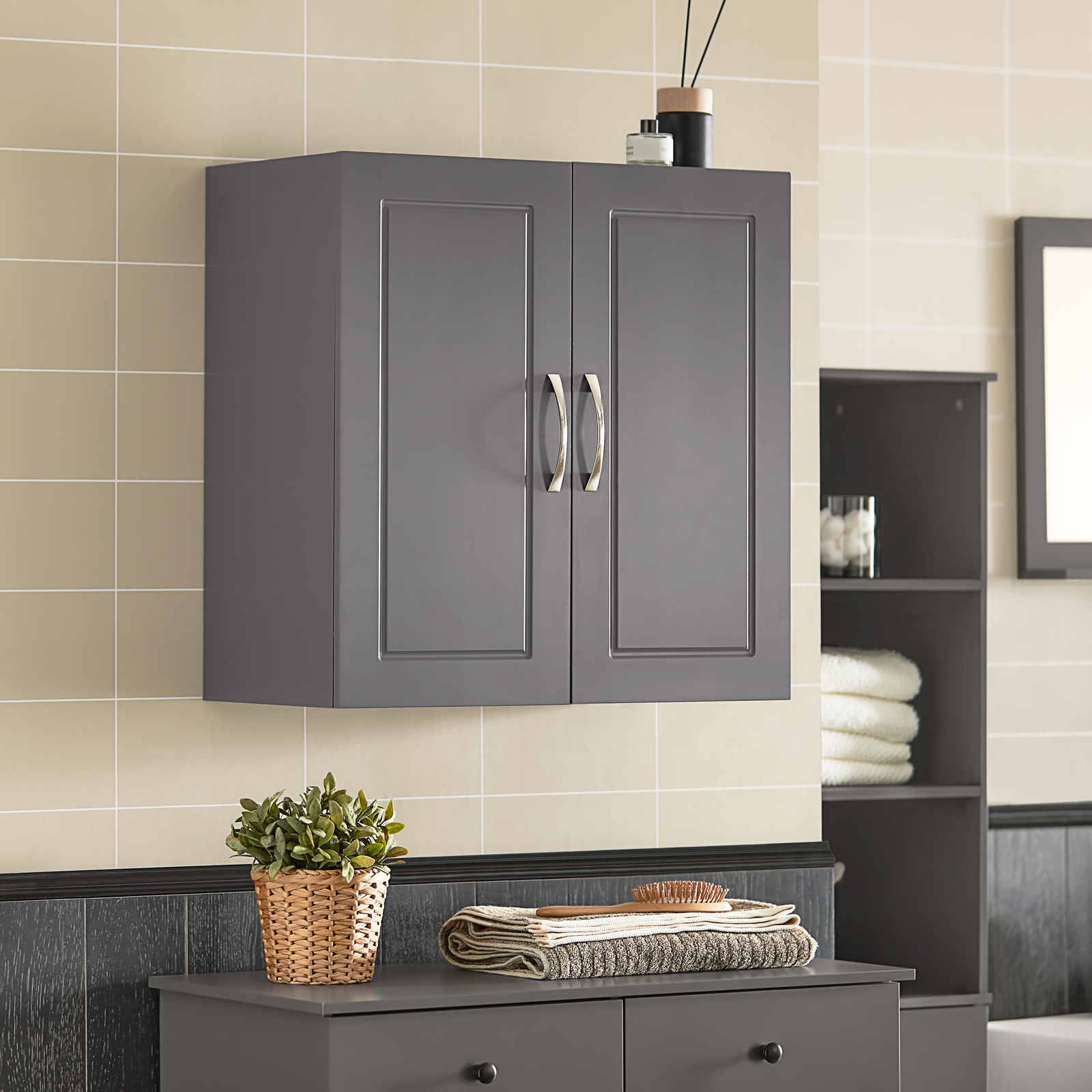 SoBuy Wall Storage Cabinet Unit with Double Doors,Kitchen Bathroom Wall Cabinet Grey FRG231-DG