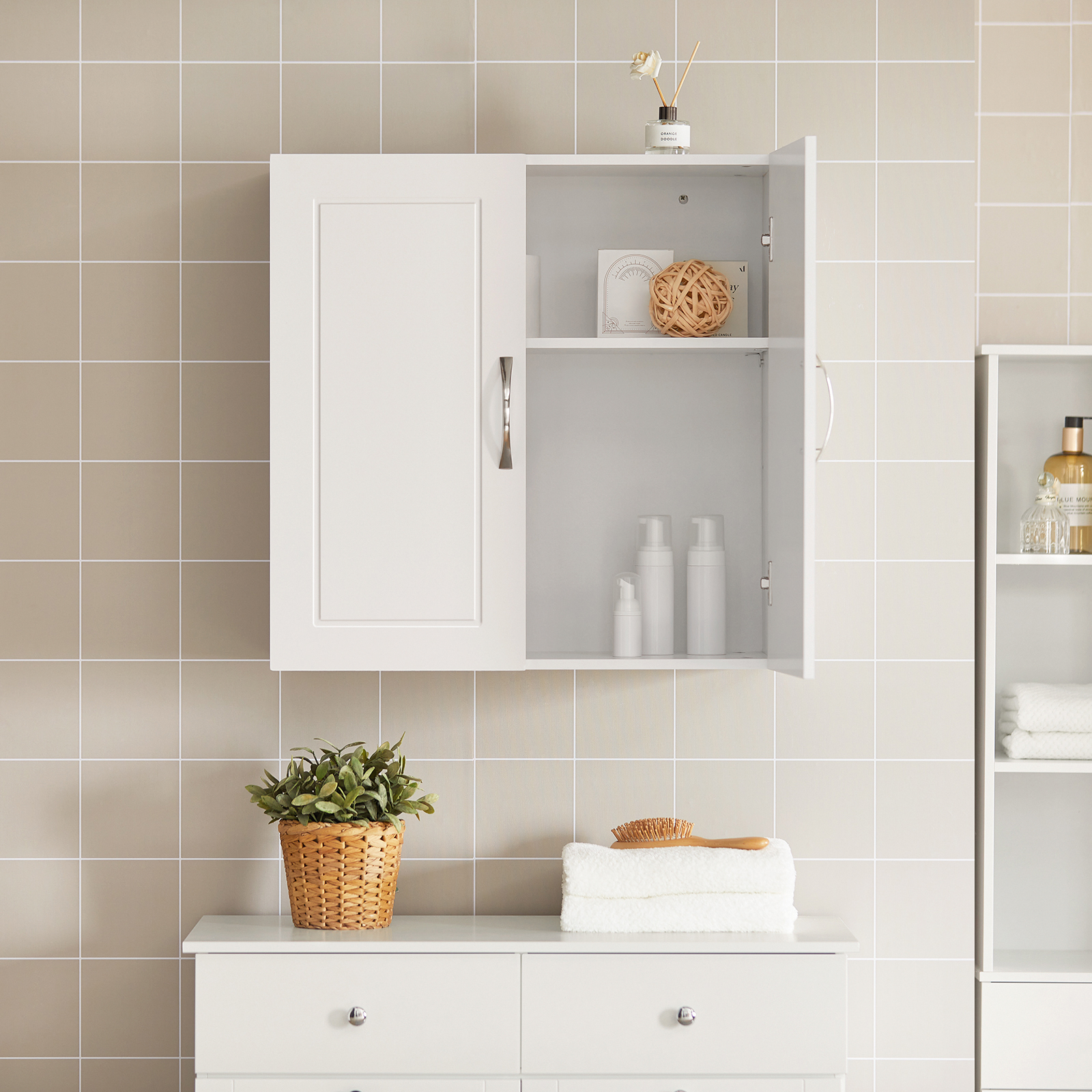 SoBuy Wall Storage Cabinet Unit with Double Doors,Kitchen Bathroom Wall Cabinet,Garage or Laundry Room White FRG231-W