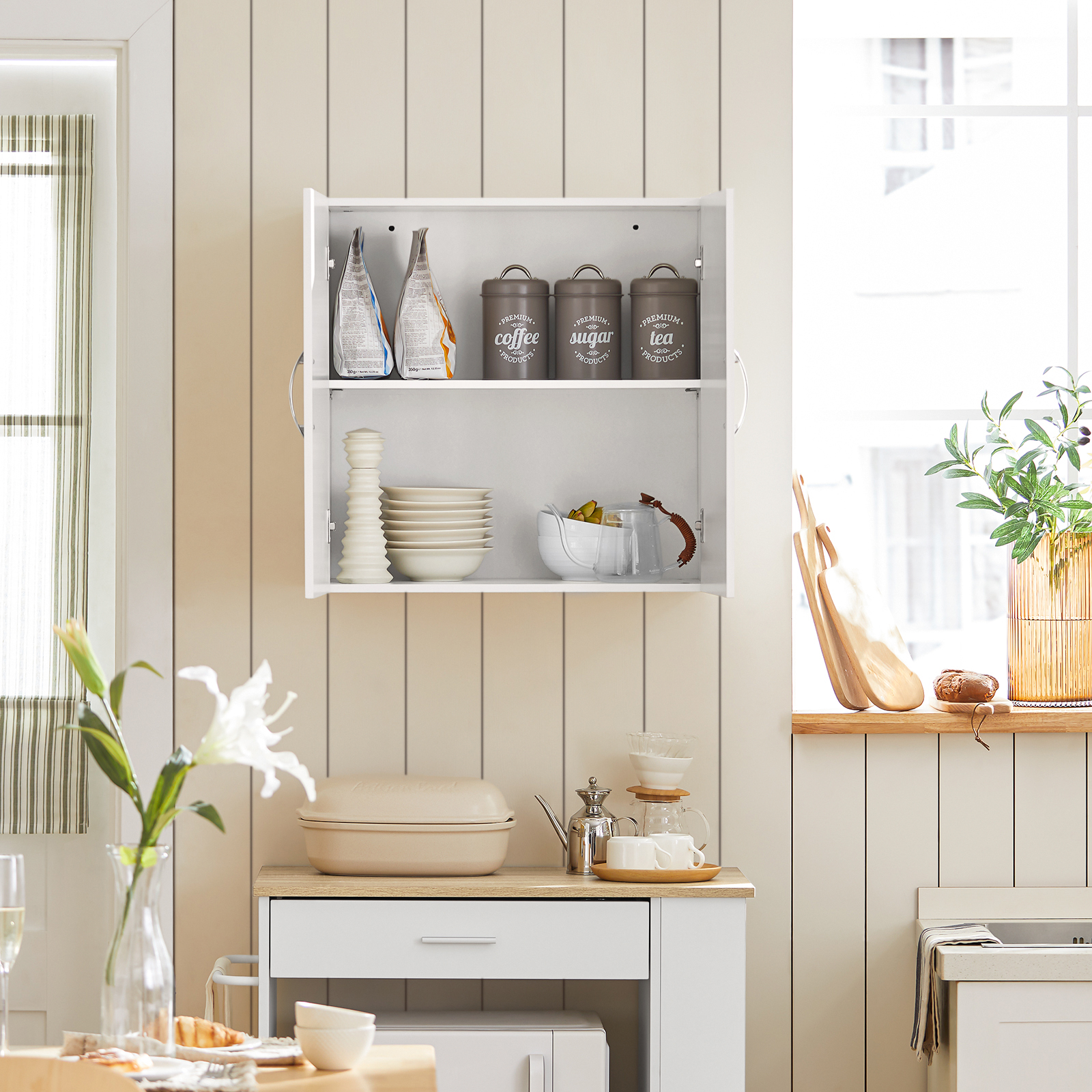 SoBuy Wall Storage Cabinet Unit with Double Doors,Kitchen Bathroom Wall Cabinet,Garage or Laundry Room White FRG231-W