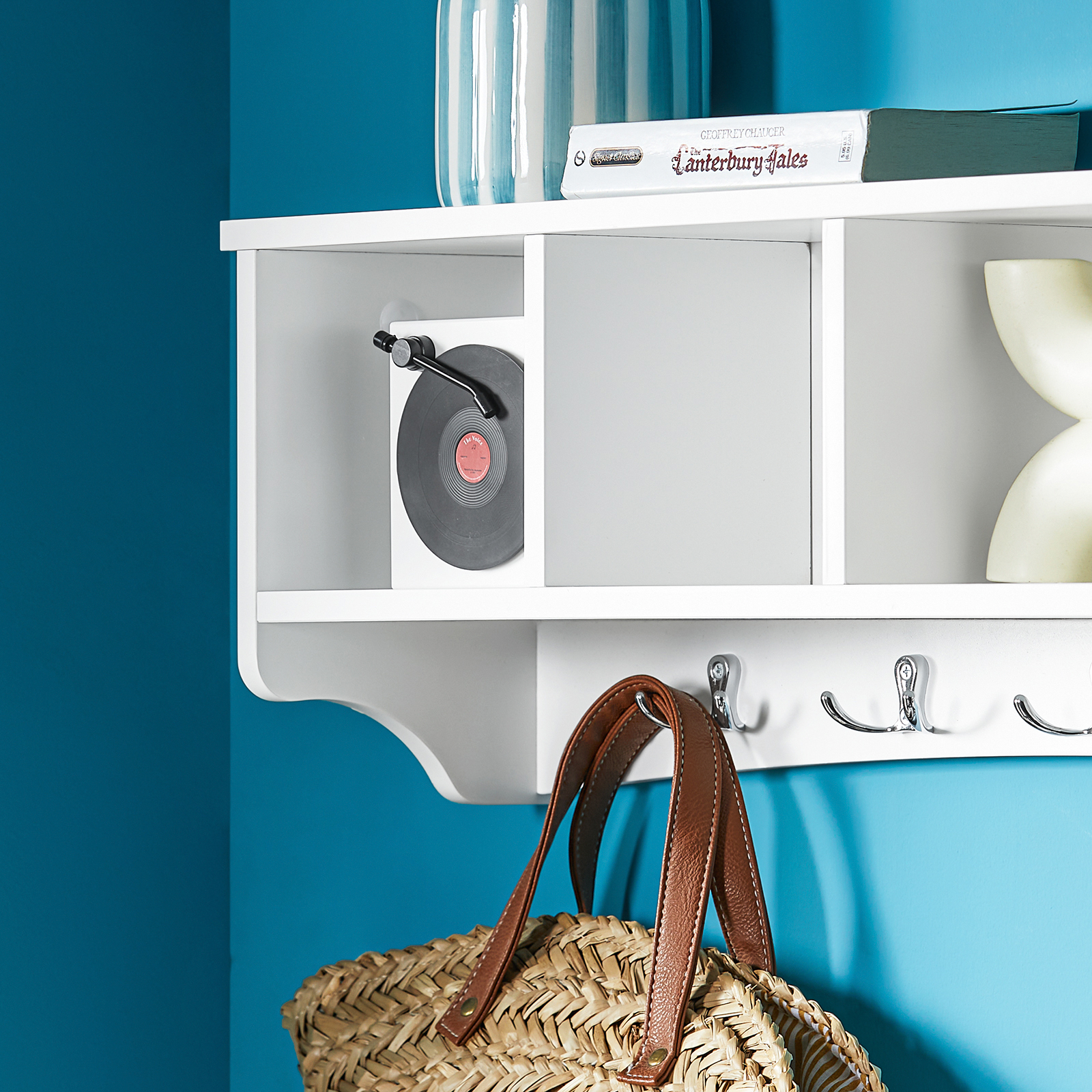SoBuy FRG48-L-W, Wall Coat Rack Wall Display Storage Unit with 4 Components 5 Hooks