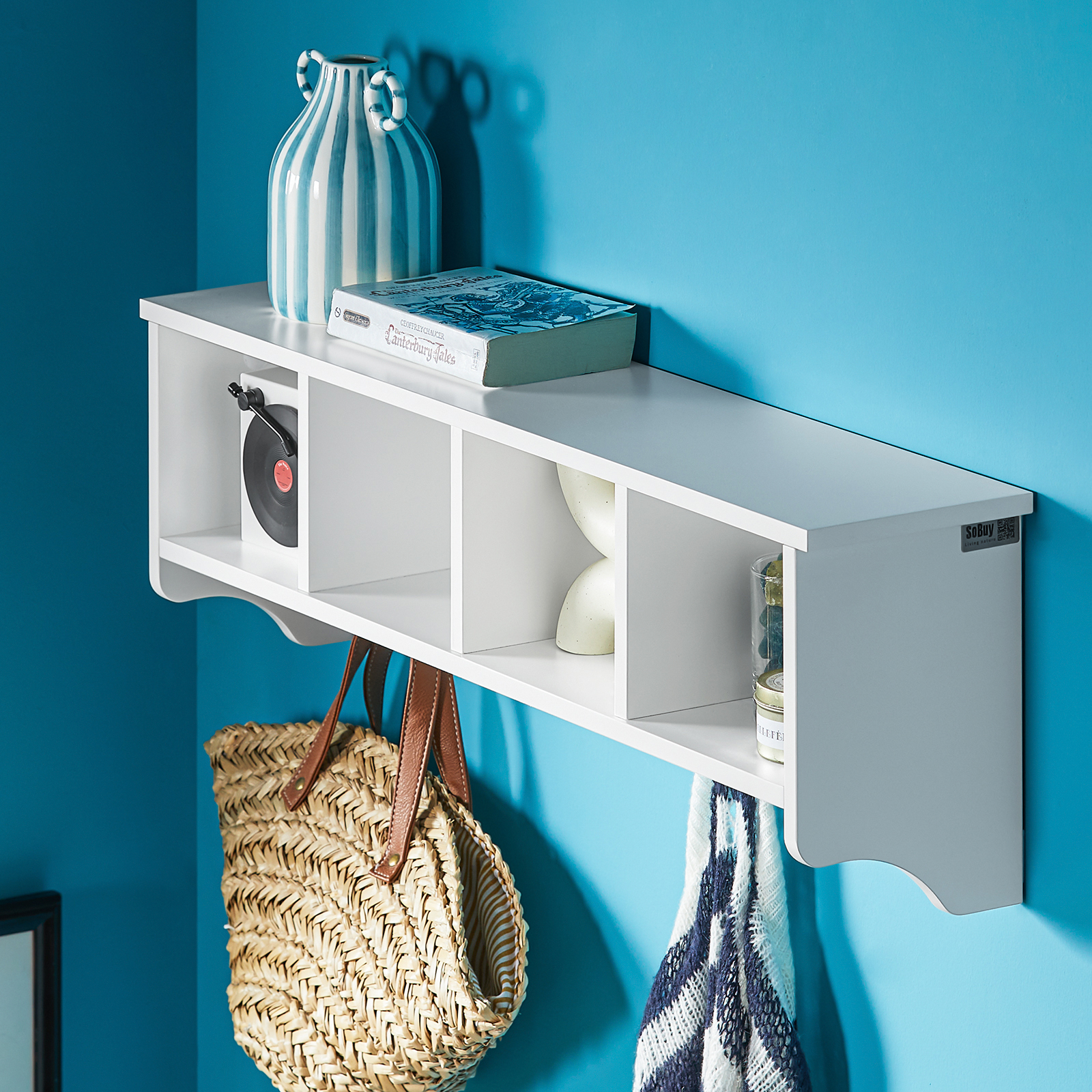 SoBuy FRG48-L-W, Wall Coat Rack Wall Display Storage Unit with 4 Components 5 Hooks