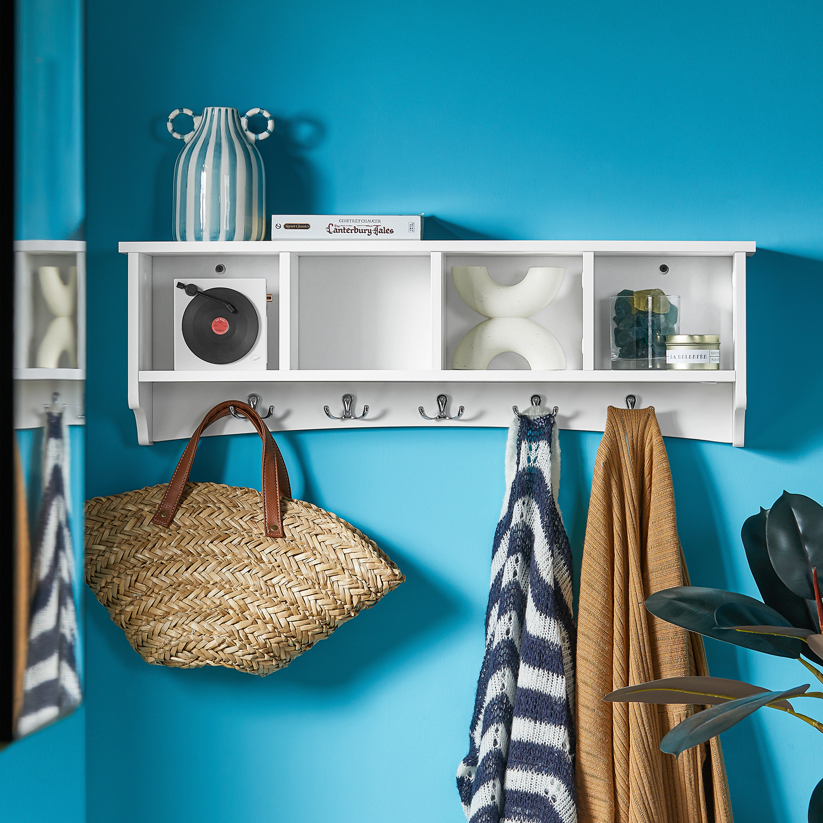 SoBuy FRG48-L-W, Wall Coat Rack Wall Display Storage Unit with 4 Components 5 Hooks