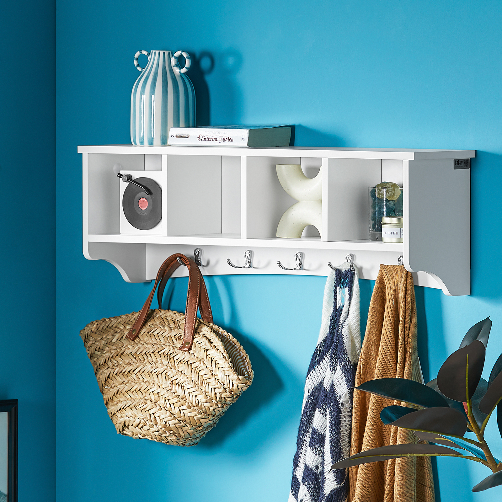 SoBuy FRG48-L-W, Wall Coat Rack Wall Display Storage Unit with 4 Components 5 Hooks
