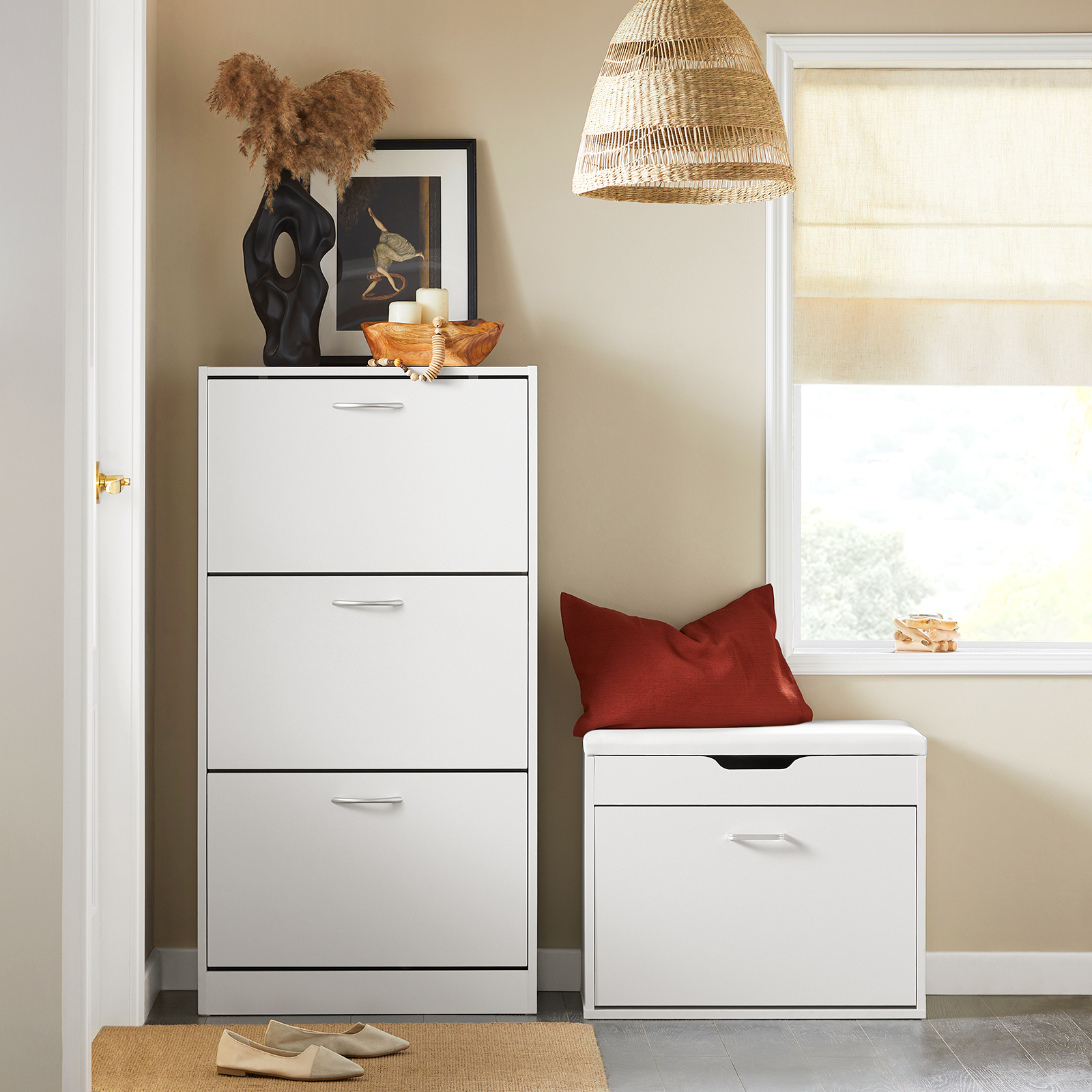 SoBuy FSR110-W,White Shoe Cabinet with 3 Flip Drawers, Freestanding Shoe Rack,Shoe StorageCupboard Organizer Unit