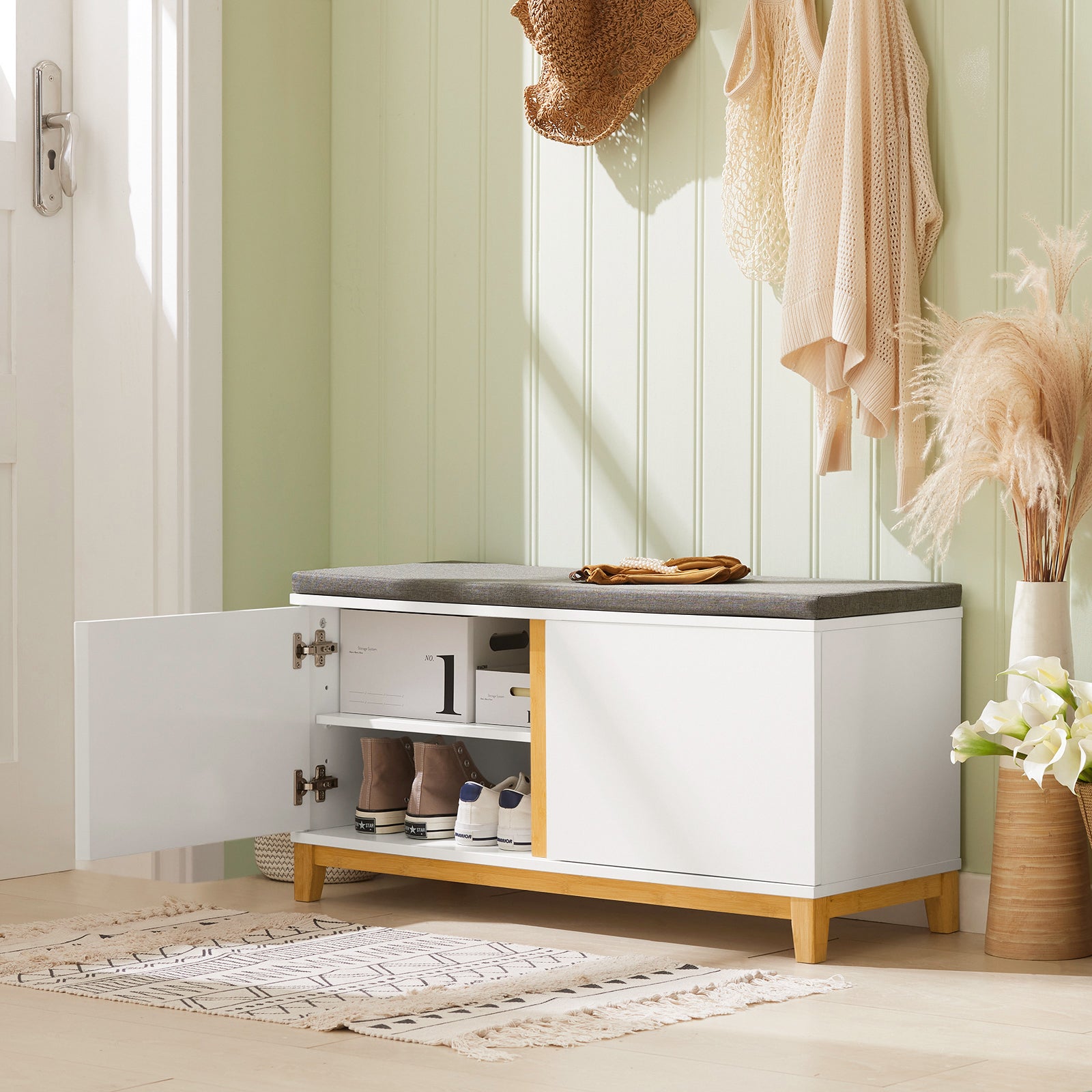 SoBuy Hallway Storage Bench Shoe Cabinet with 2 Doors and Seat Cushion FSR117-W