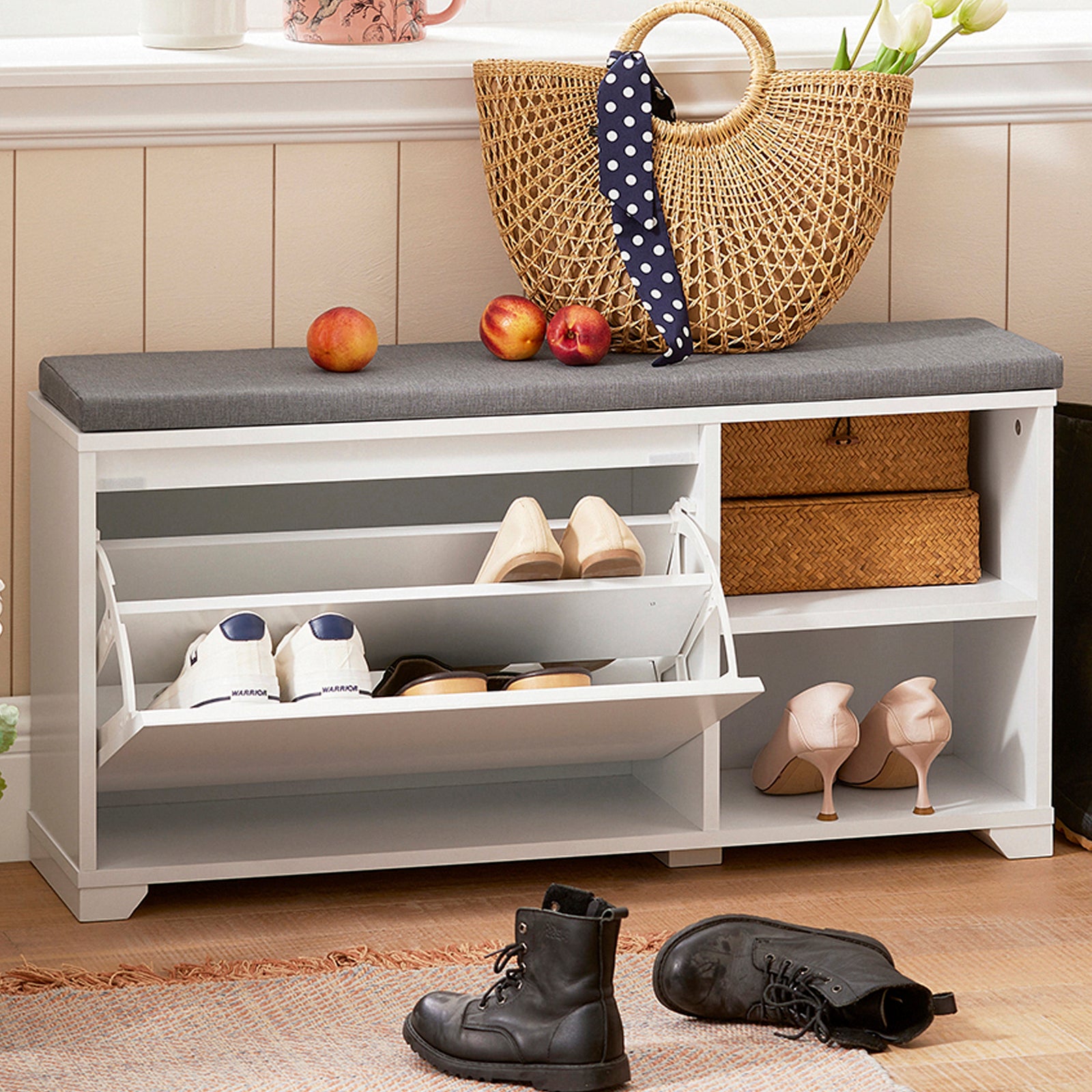 SoBuy Hallway Shoe Bench Shoe Cabinet with Seat Cushion and Flip-Drawer FSR119-W