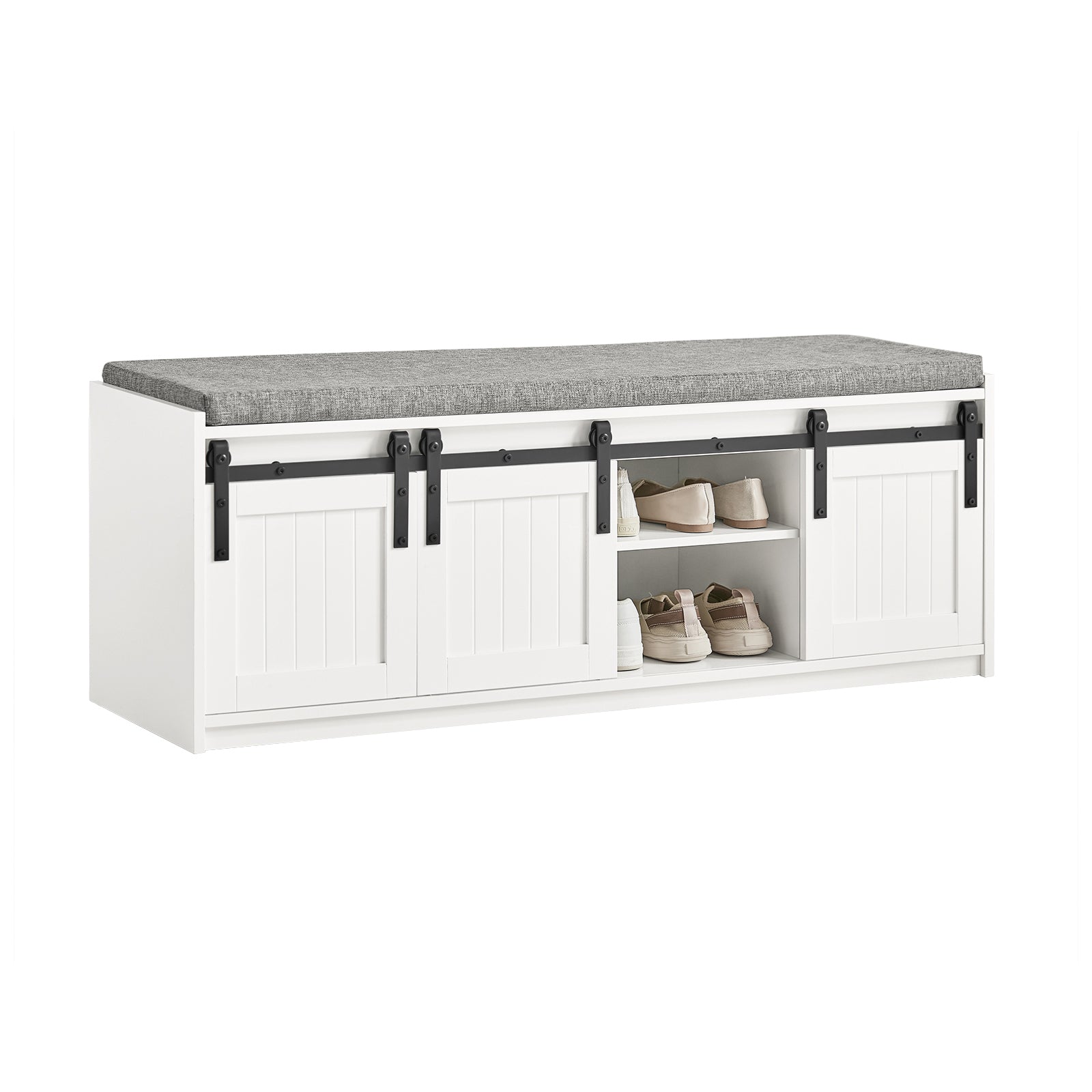 SoBuy Storage Shoe Bench with Sliding Barn Doors & Padded Seat Cushion,Hallway Shoe Cabinet FSR133-W