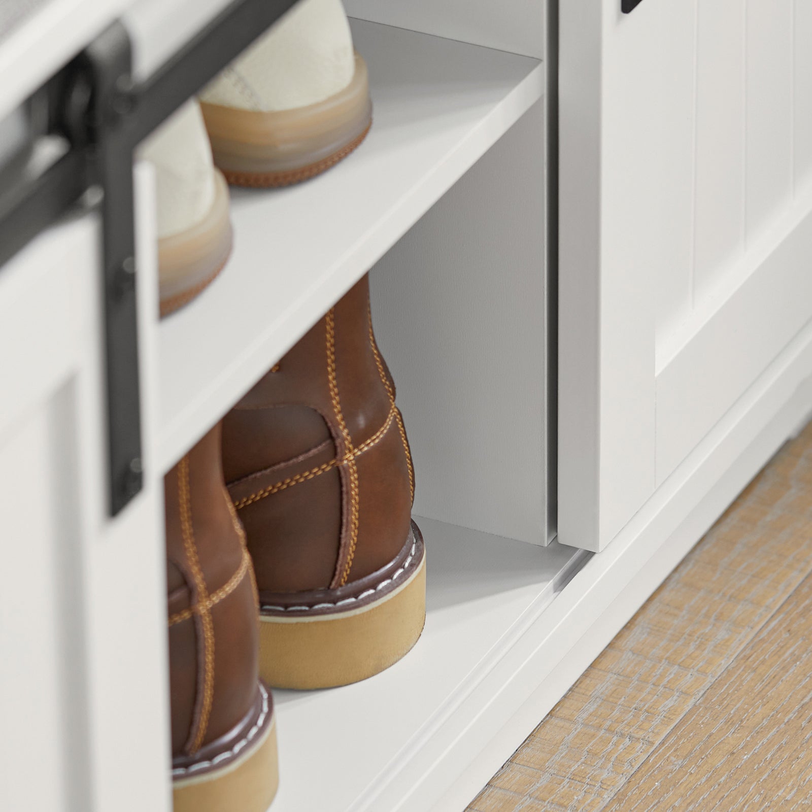 SoBuy Storage Shoe Bench with Sliding Barn Doors & Padded Seat Cushion,Hallway Shoe Cabinet FSR133-W