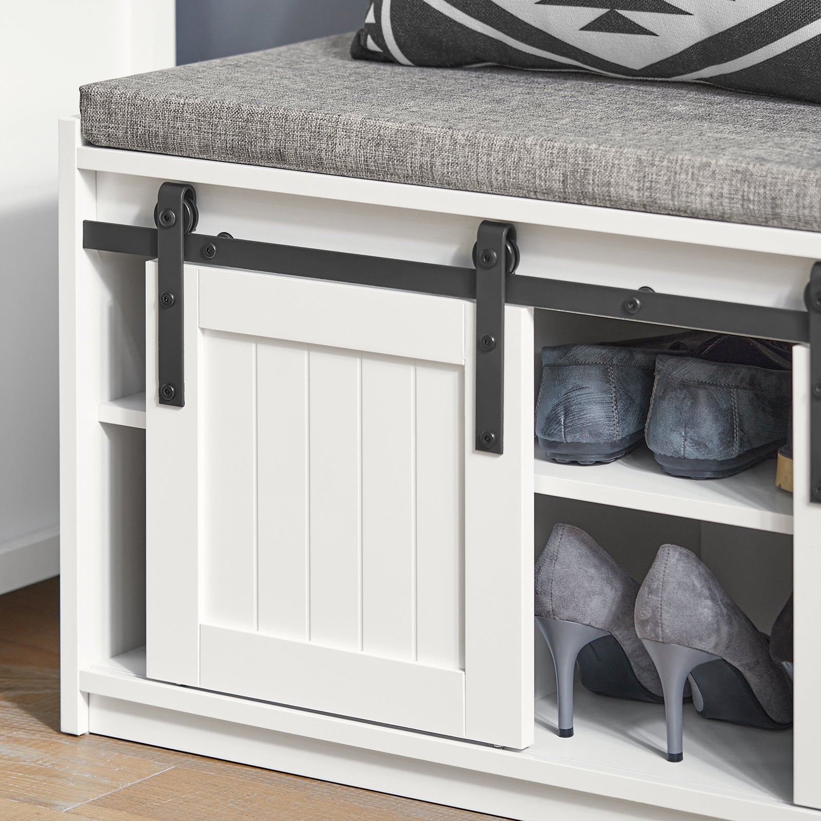 SoBuy Storage Shoe Bench with Sliding Barn Doors & Padded Seat Cushion,Hallway Shoe Cabinet FSR133-W