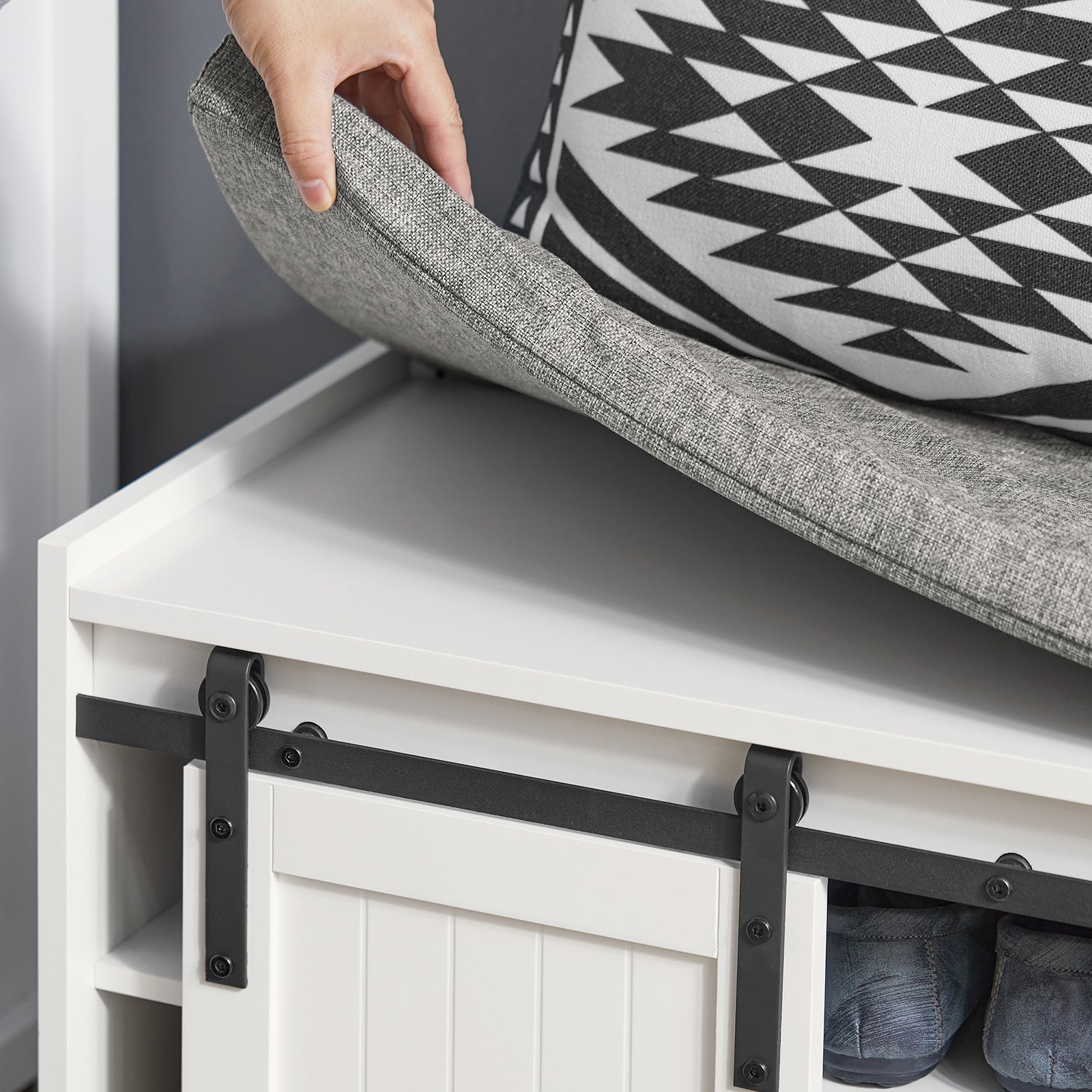 SoBuy Storage Shoe Bench with Sliding Barn Doors & Padded Seat Cushion,Hallway Shoe Cabinet FSR133-W