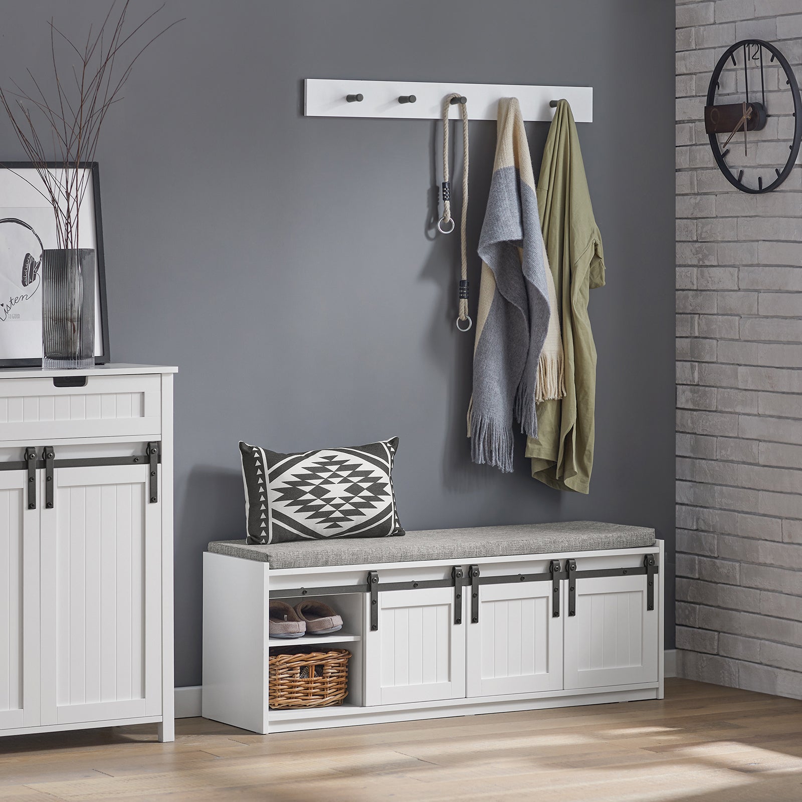 SoBuy Storage Shoe Bench with Sliding Barn Doors & Padded Seat Cushion,Hallway Shoe Cabinet FSR133-W