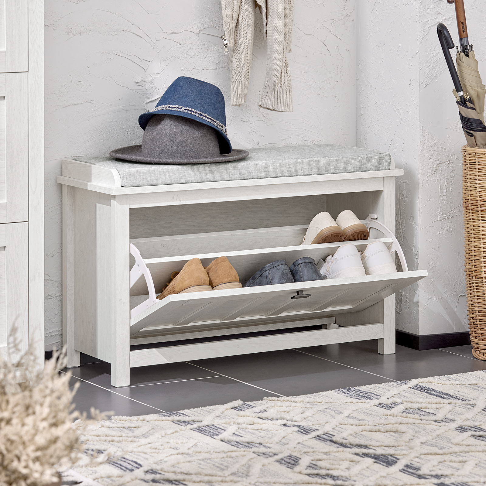 SoBuy Hallway Shoe Bench Shoe Rack Shoe Cabinet With Flip-Drawer And Seat Cushion FSR161-W