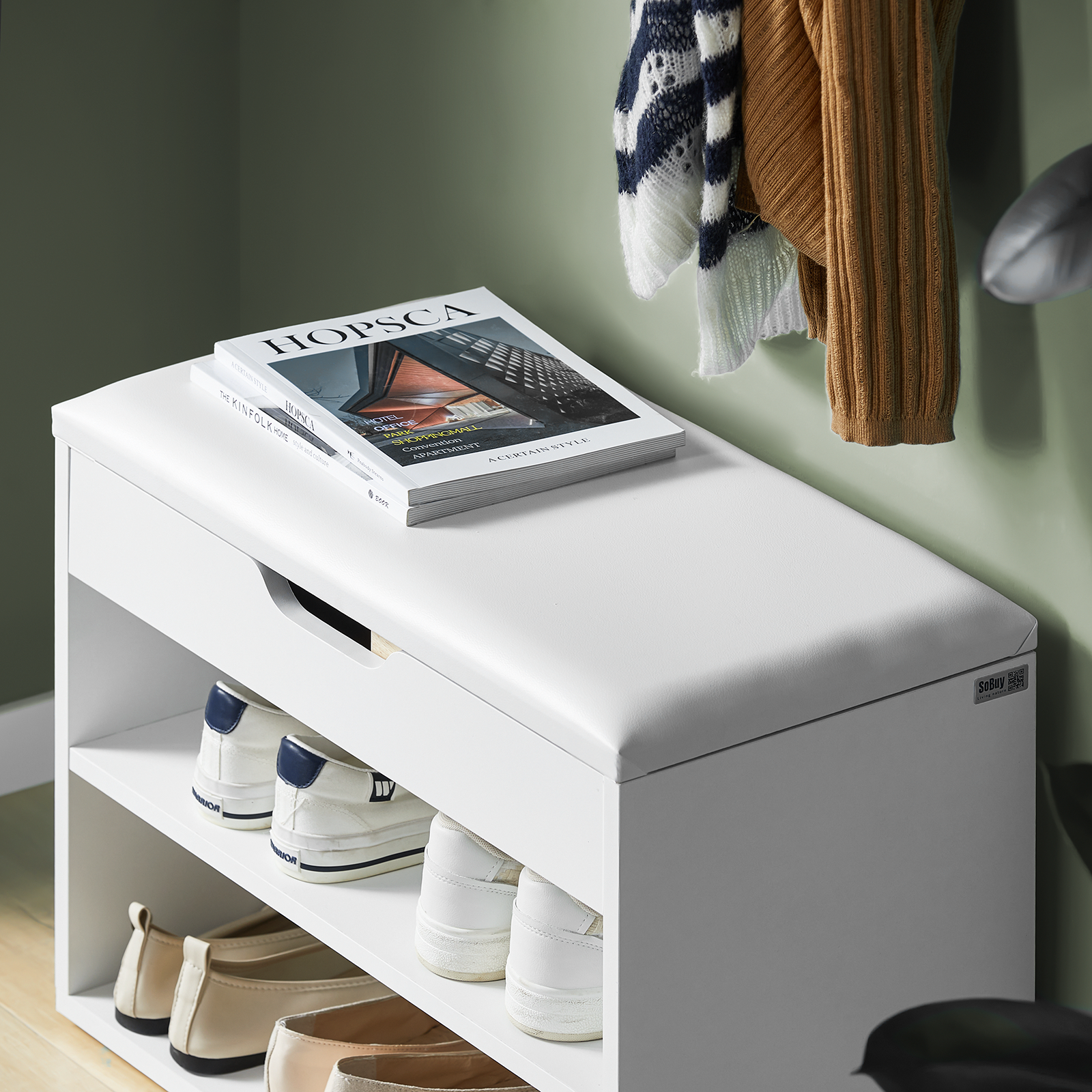 SoBuy 2 Tiers Shoe Rack Shoe Cabinet Shoe Storage Bench with Folding Padded Seat FSR25-W