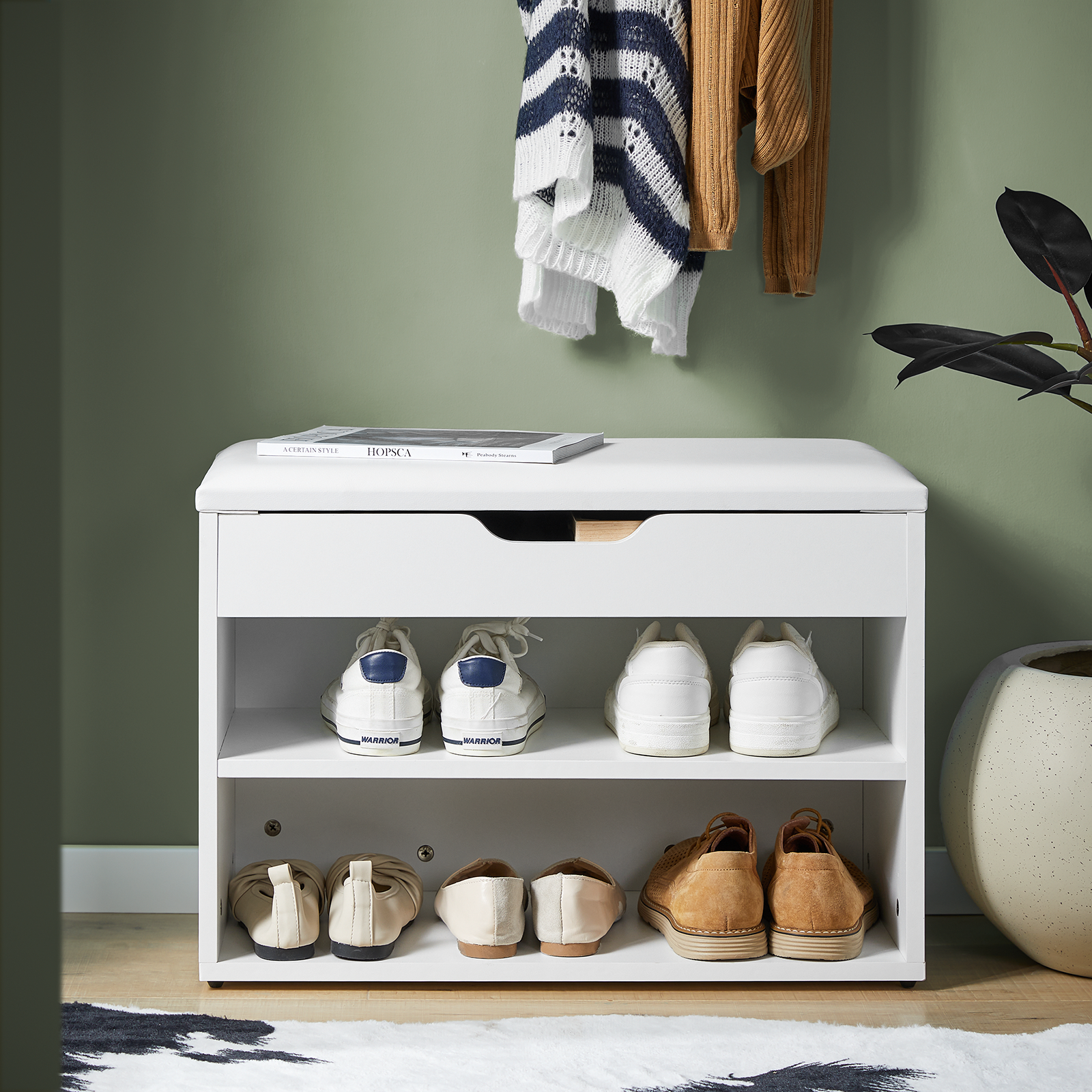 SoBuy 2 Tiers Shoe Rack Shoe Cabinet Shoe Storage Bench with Folding Padded Seat FSR25-W