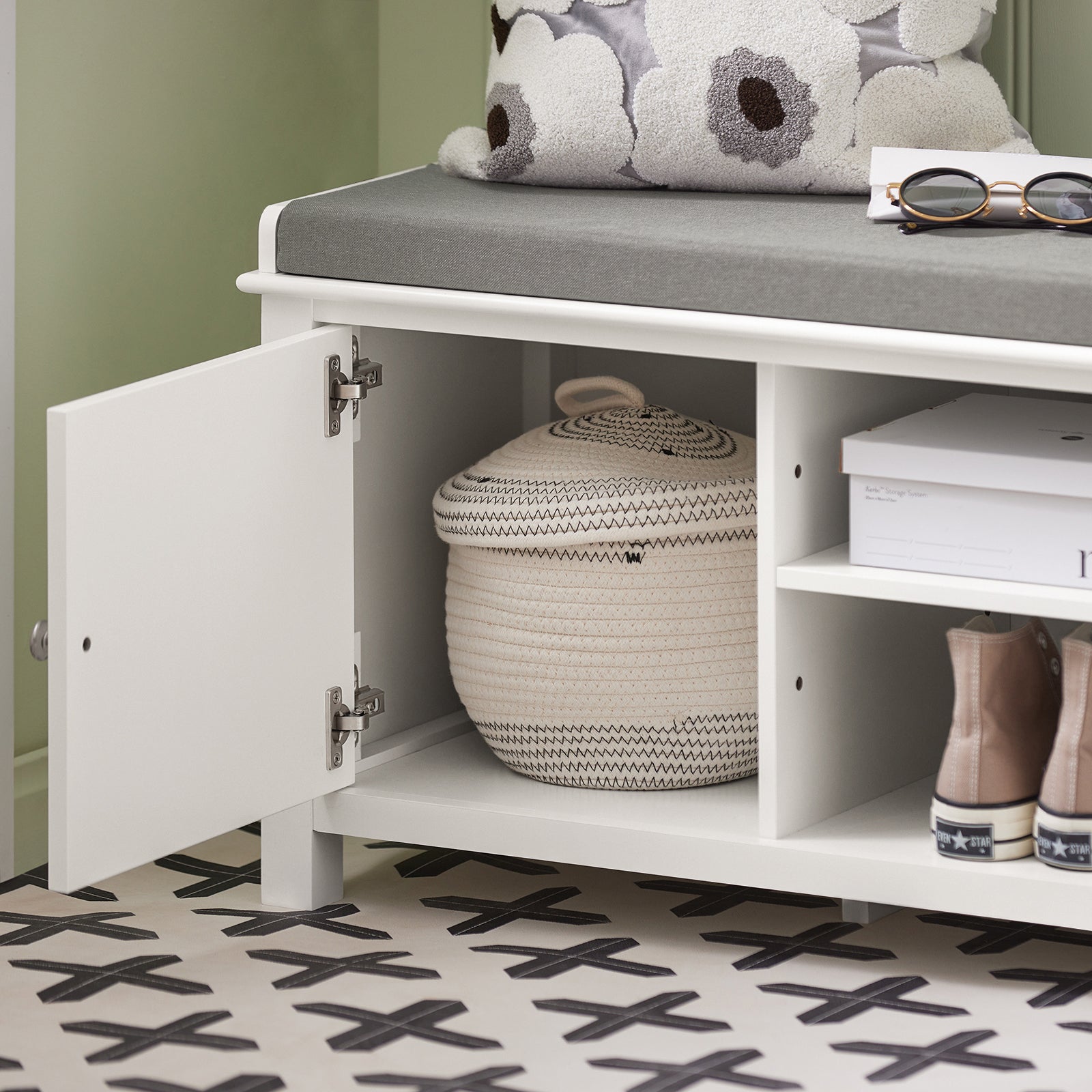 SoBuy FSR35-W White Storage Bench with 2 Doors & Removable Seat Cushion, Shoe Cabinet Shoe Bench