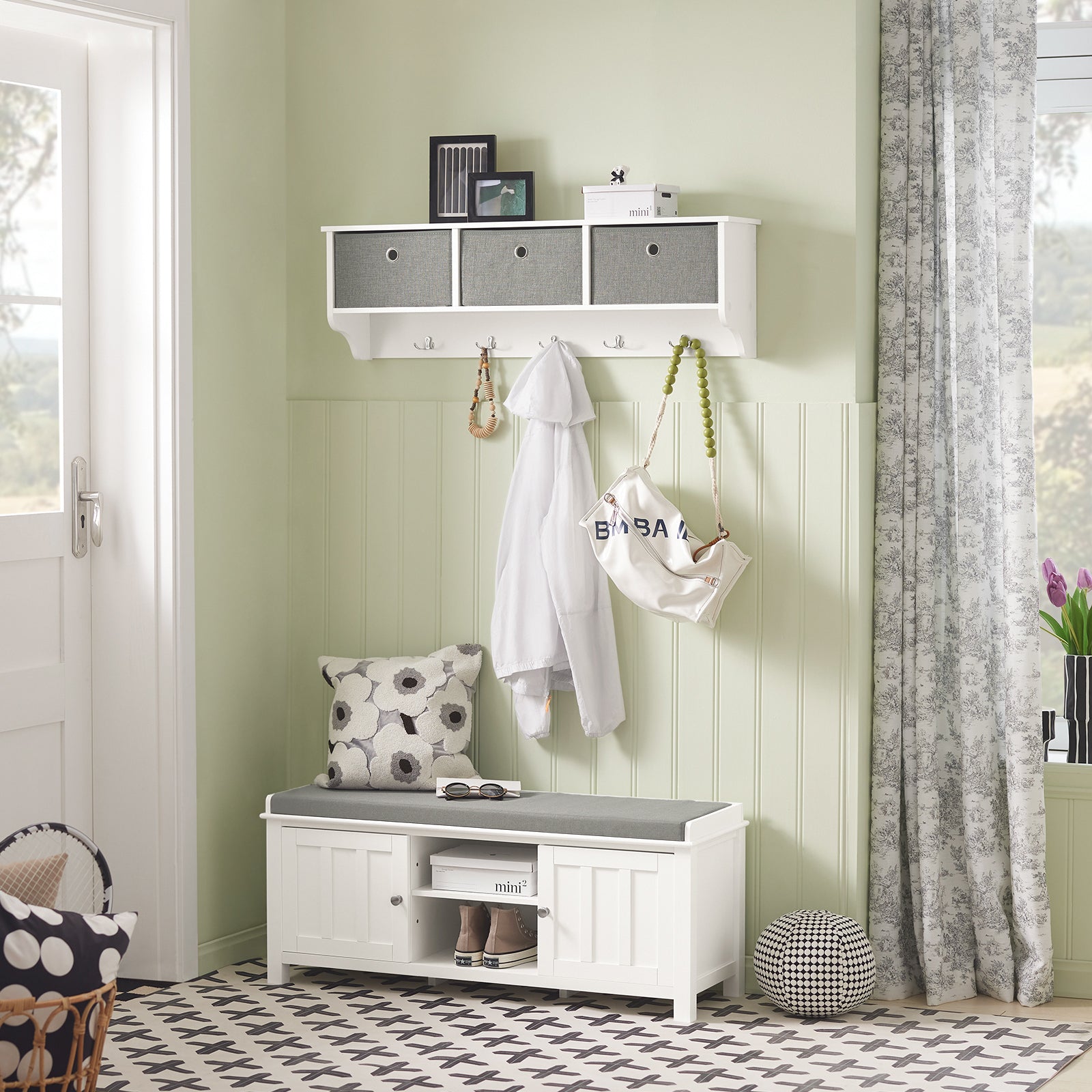 SoBuy FSR35-W White Storage Bench with 2 Doors & Removable Seat Cushion, Shoe Cabinet Shoe Bench
