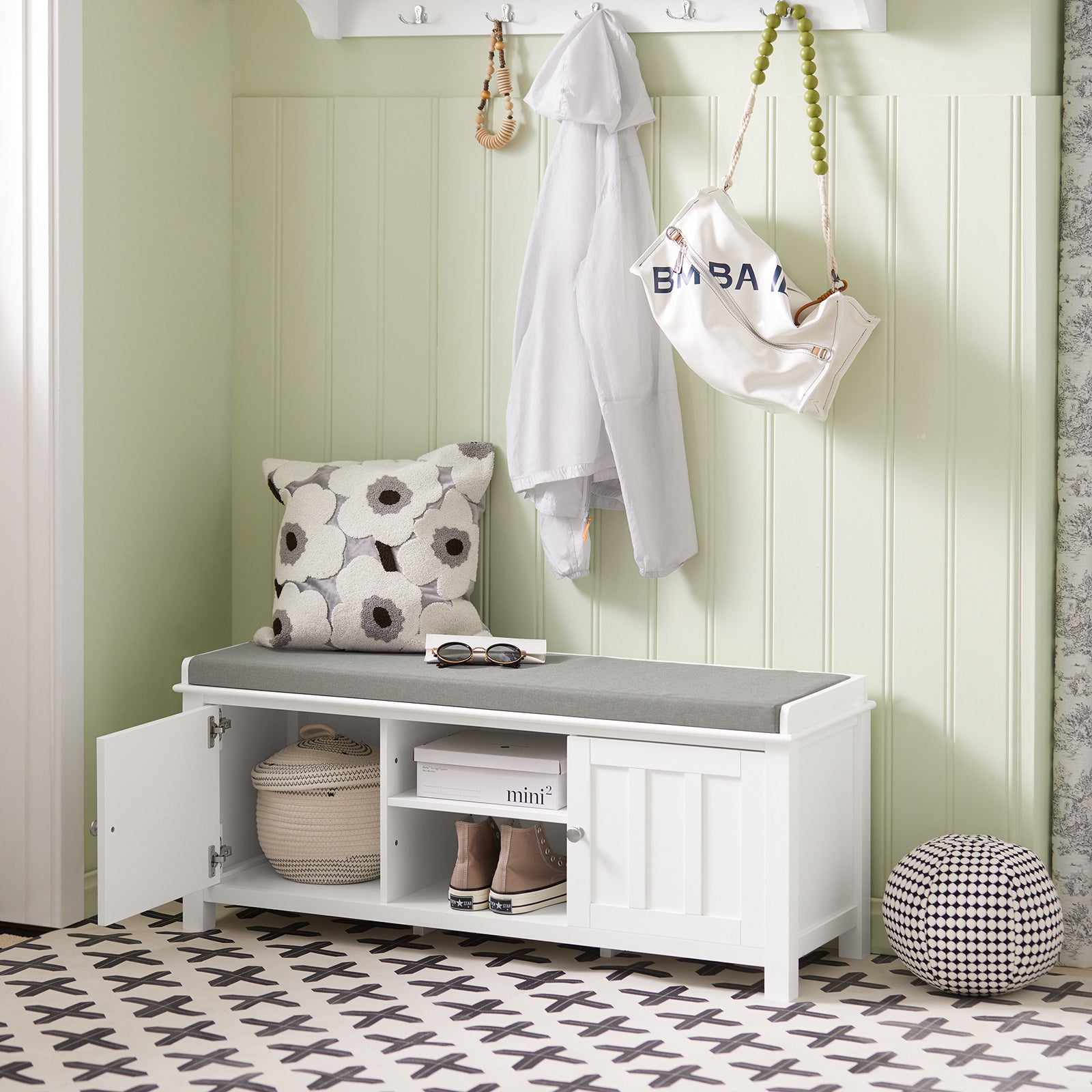 SoBuy FSR35-W White Storage Bench with 2 Doors & Removable Seat Cushion, Shoe Cabinet Shoe Bench
