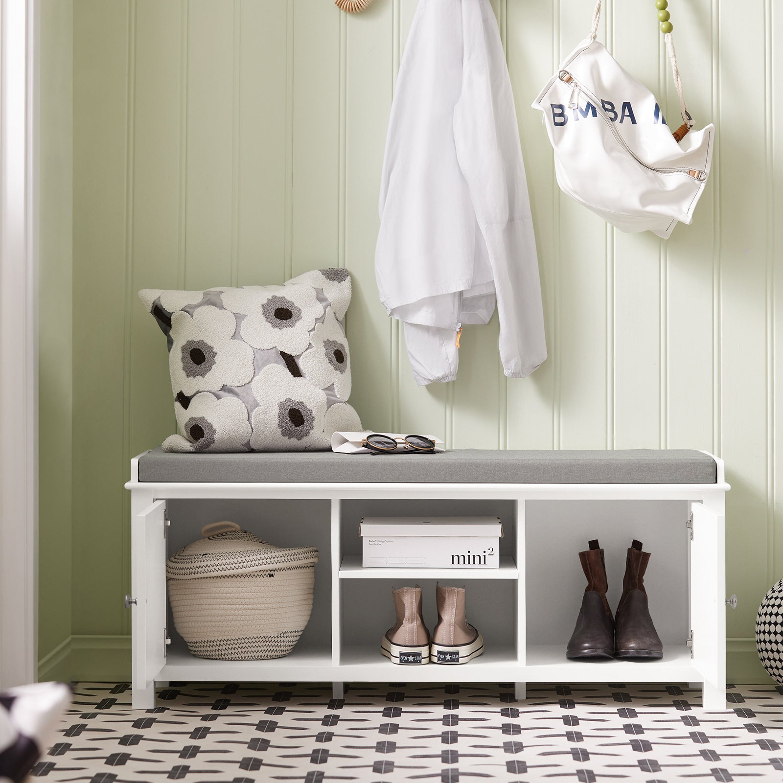 SoBuy FSR35-W White Storage Bench with 2 Doors & Removable Seat Cushion, Shoe Cabinet Shoe Bench