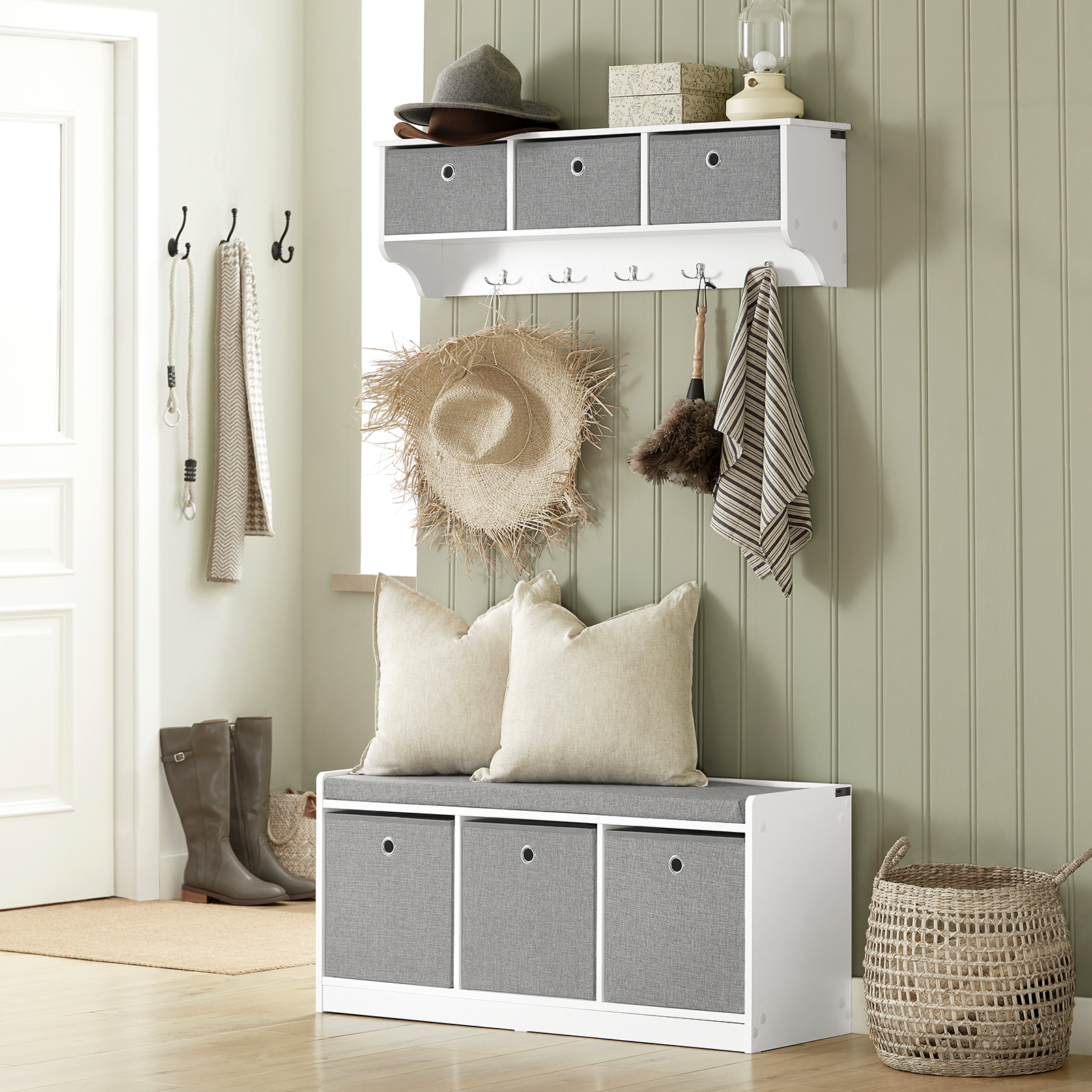SoBuy FSR65-DG,3 Baskets Hallway Bedroom Storage Bench,Shoe Bench,Shoe Cabinet with Seat Cushion