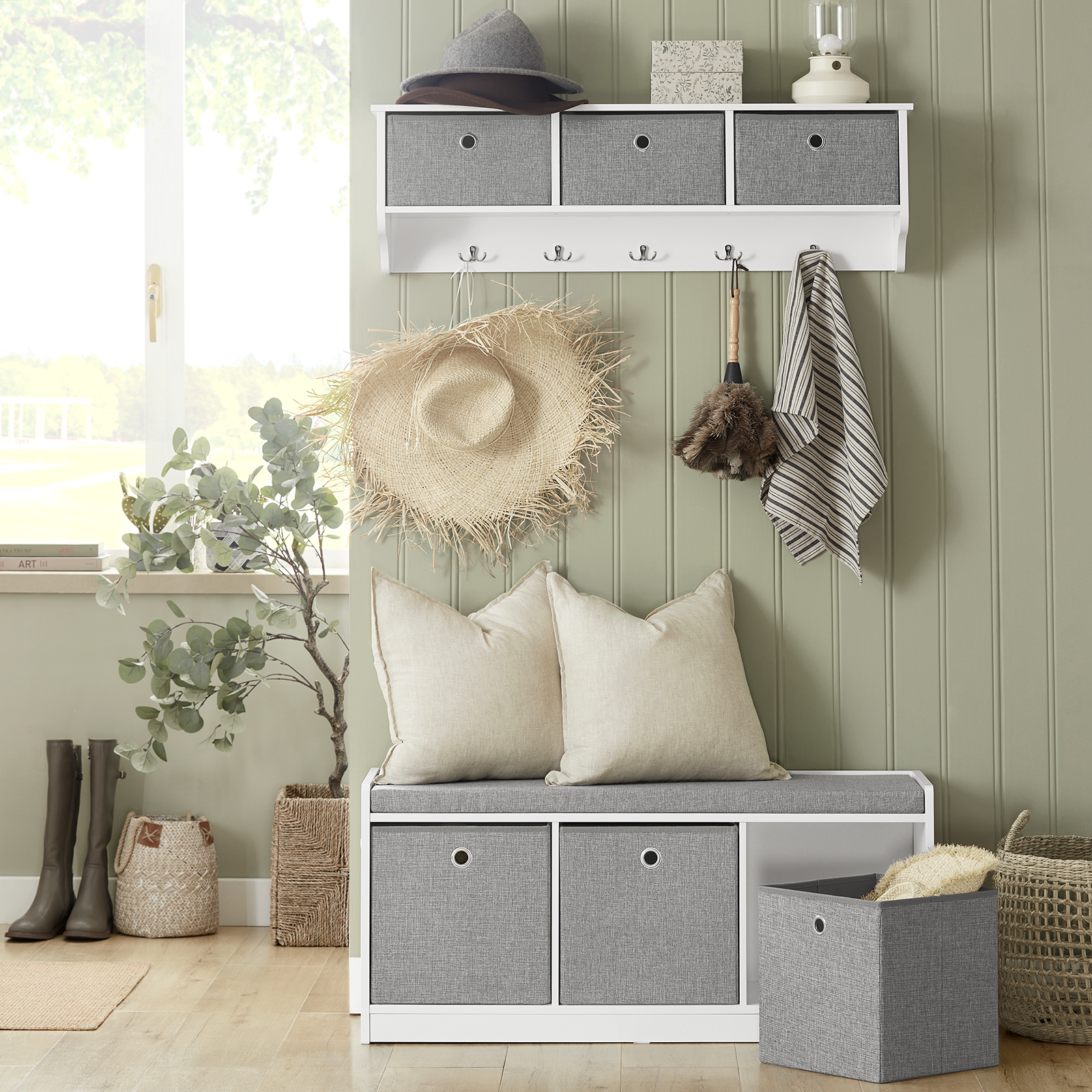 SoBuy FSR65-DG,3 Baskets Hallway Bedroom Storage Bench,Shoe Bench,Shoe Cabinet with Seat Cushion