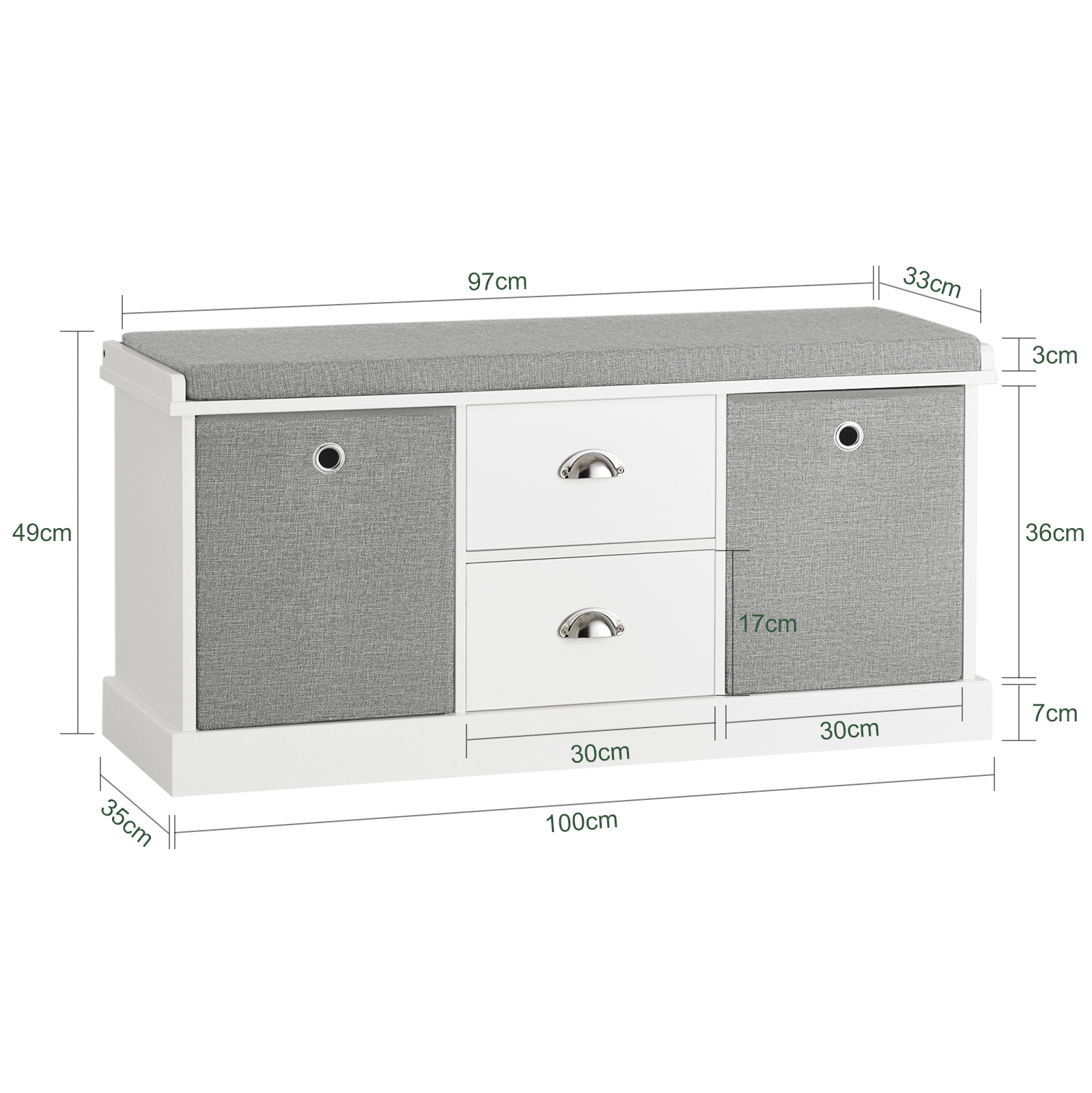 SoBuy FSR66-HG,2 Baskets 2 Drawers Hallway Bedroom Storage Bench,Shoe Bench,Shoe Cabinet with Seat Cushion