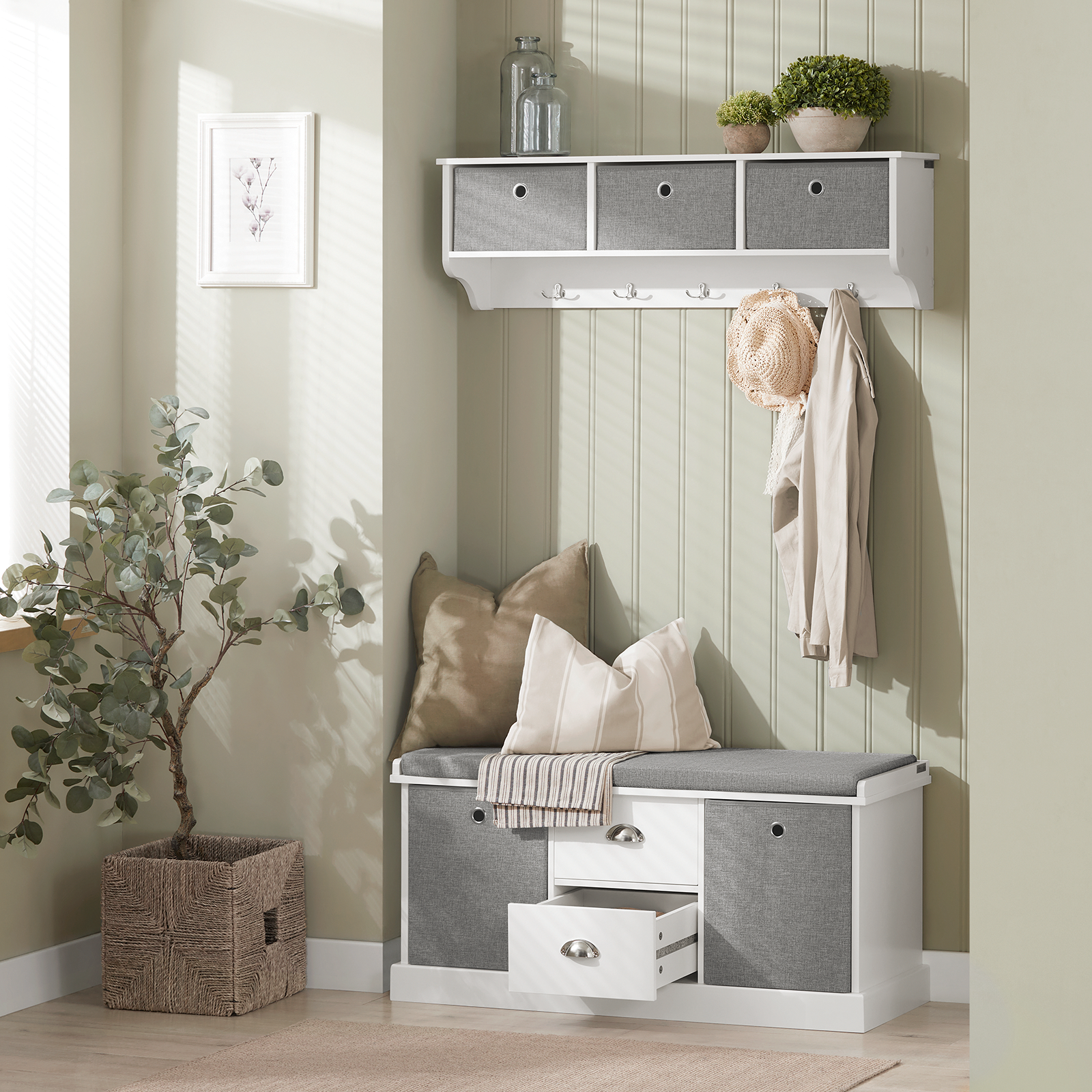 SoBuy FSR66-HG,2 Baskets 2 Drawers Hallway Bedroom Storage Bench,Shoe Bench,Shoe Cabinet with Seat Cushion