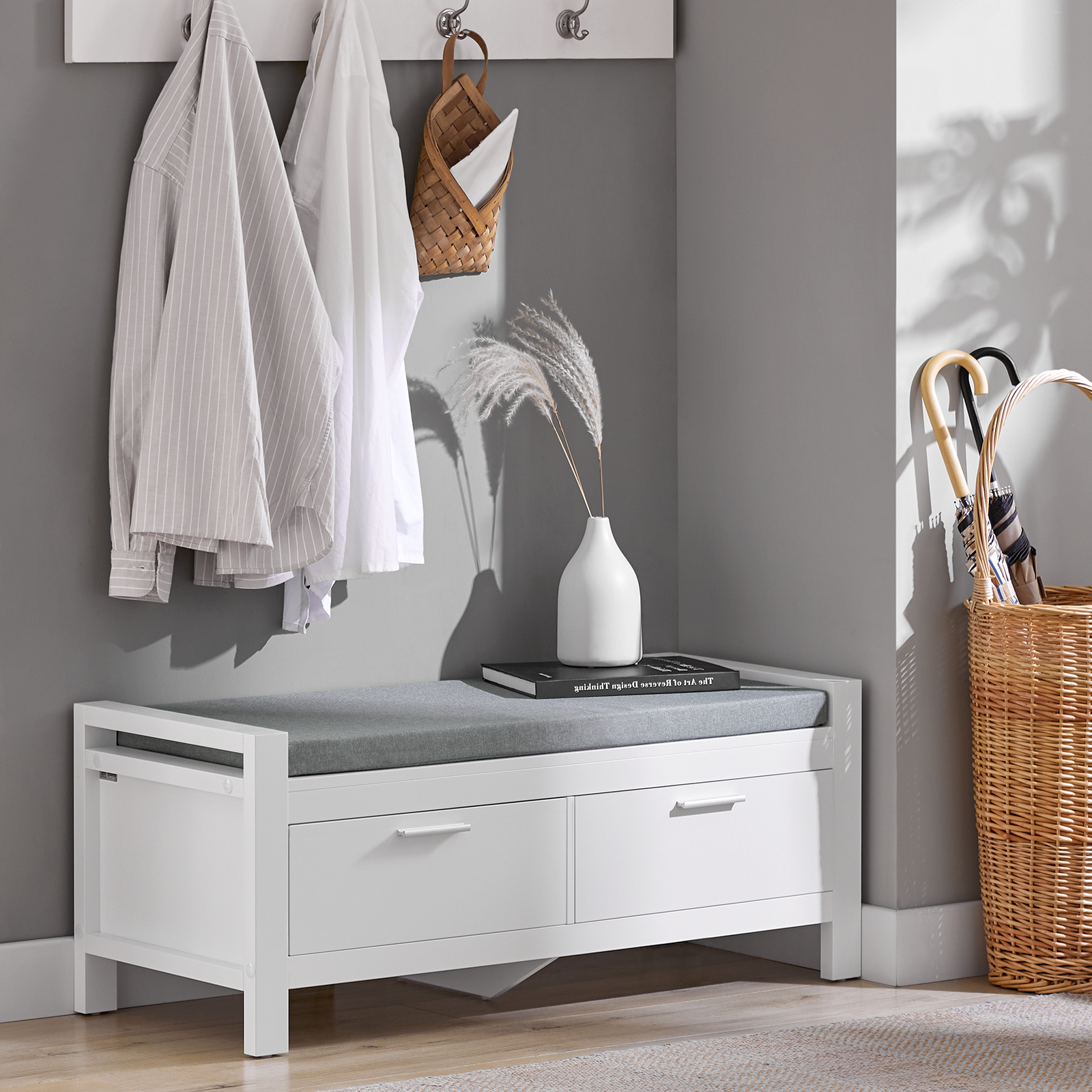 SoBuy FSR74-W, 2 Drawers Shoe Bench Shoe Rack Shoe Cabinet Hallway Storage Bench with Seat Cushion