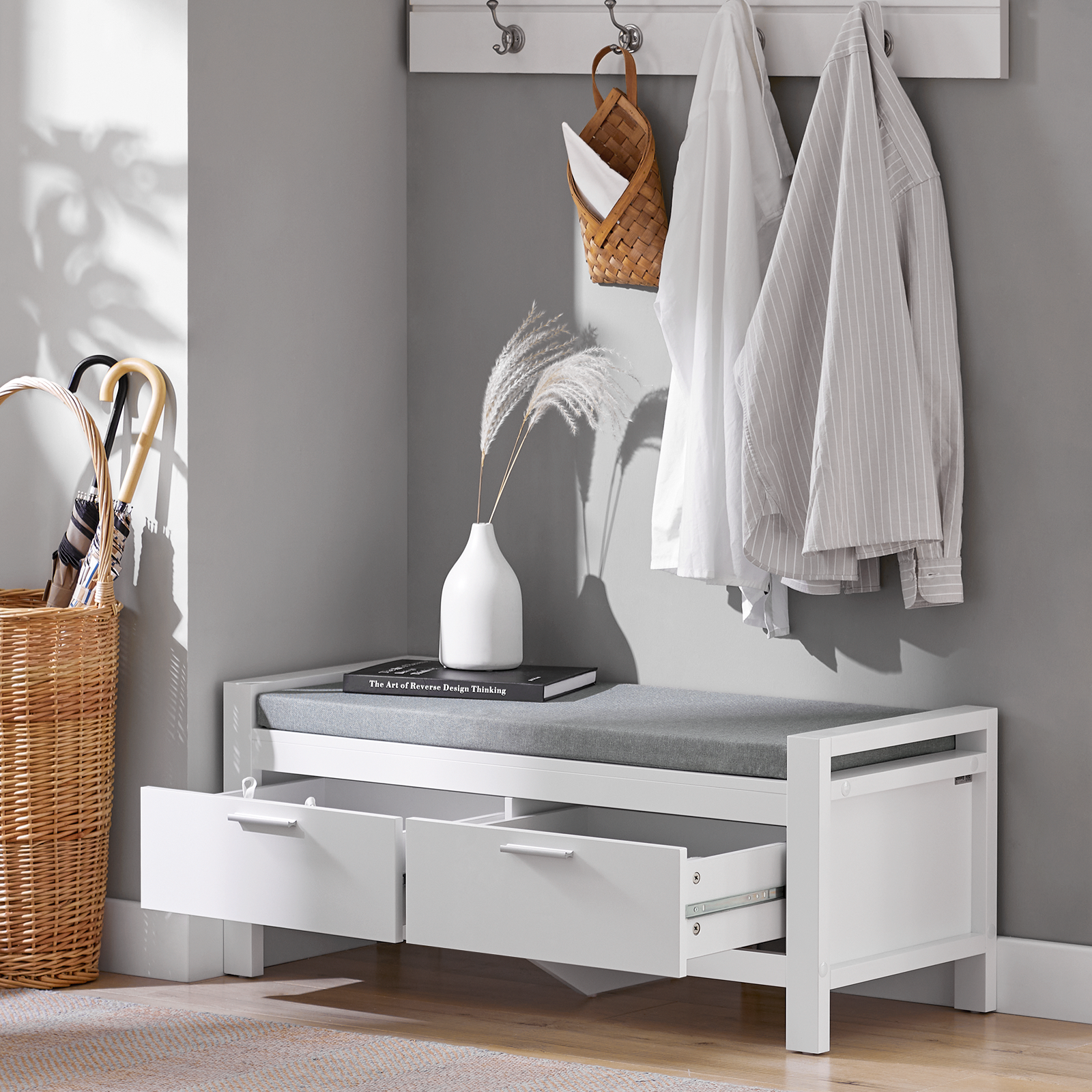 SoBuy FSR74-W, 2 Drawers Shoe Bench Shoe Rack Shoe Cabinet Hallway Storage Bench with Seat Cushion