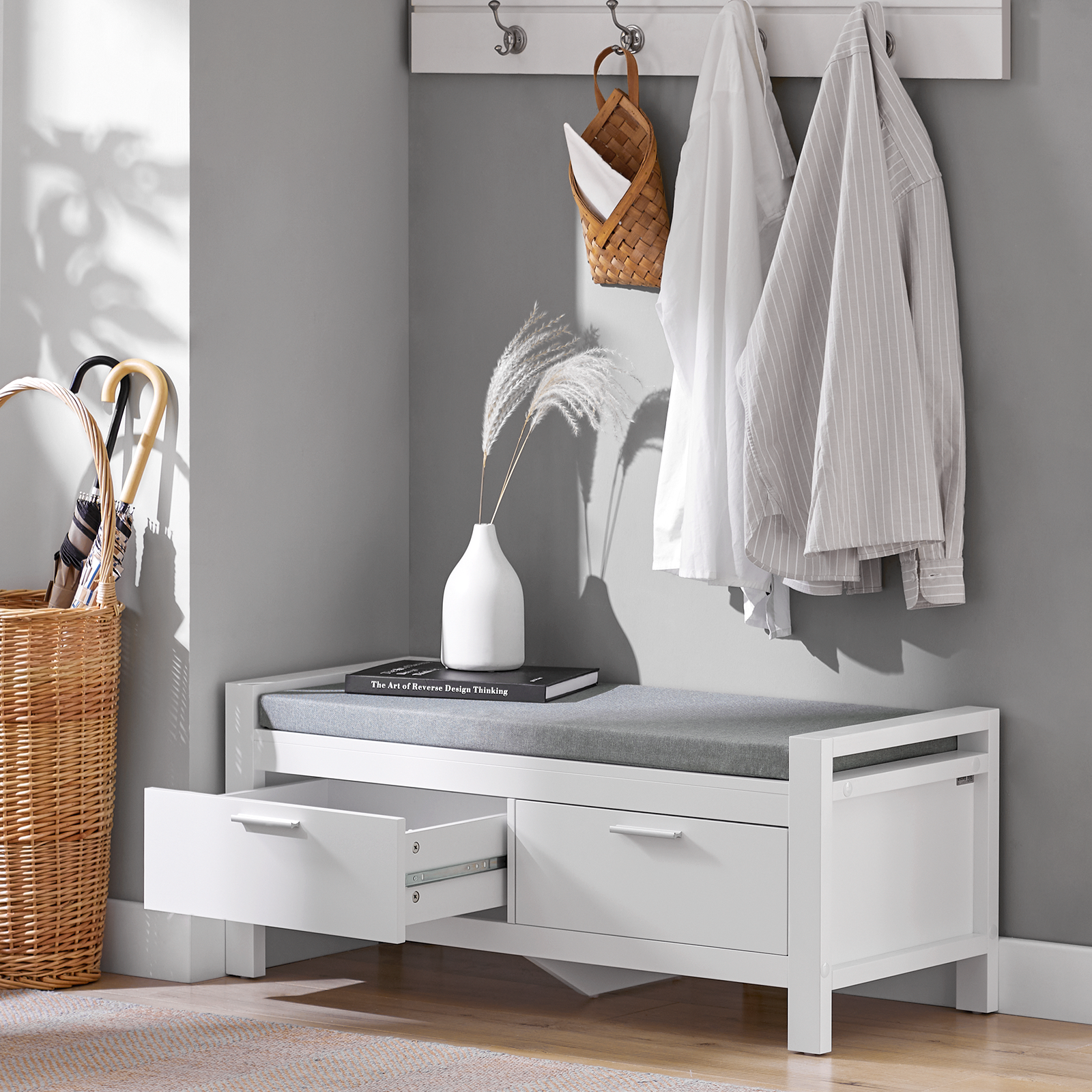 SoBuy FSR74-W, 2 Drawers Shoe Bench Shoe Rack Shoe Cabinet Hallway Storage Bench with Seat Cushion