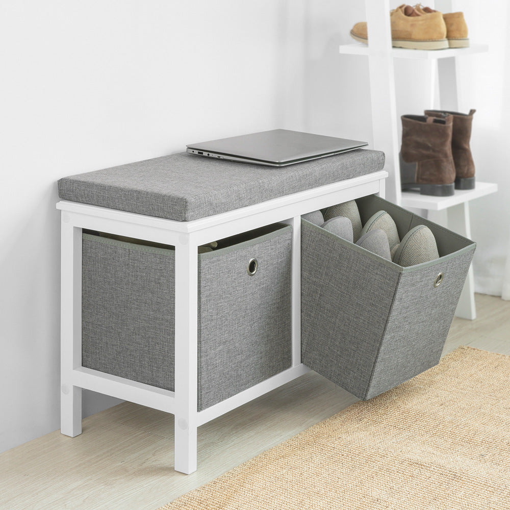 SoBuy FSR81-HG,Entryway Bedroom Storage Bench with 2 Baskets,Shoe Cabinet,Shoe Bench with Seat Cushion