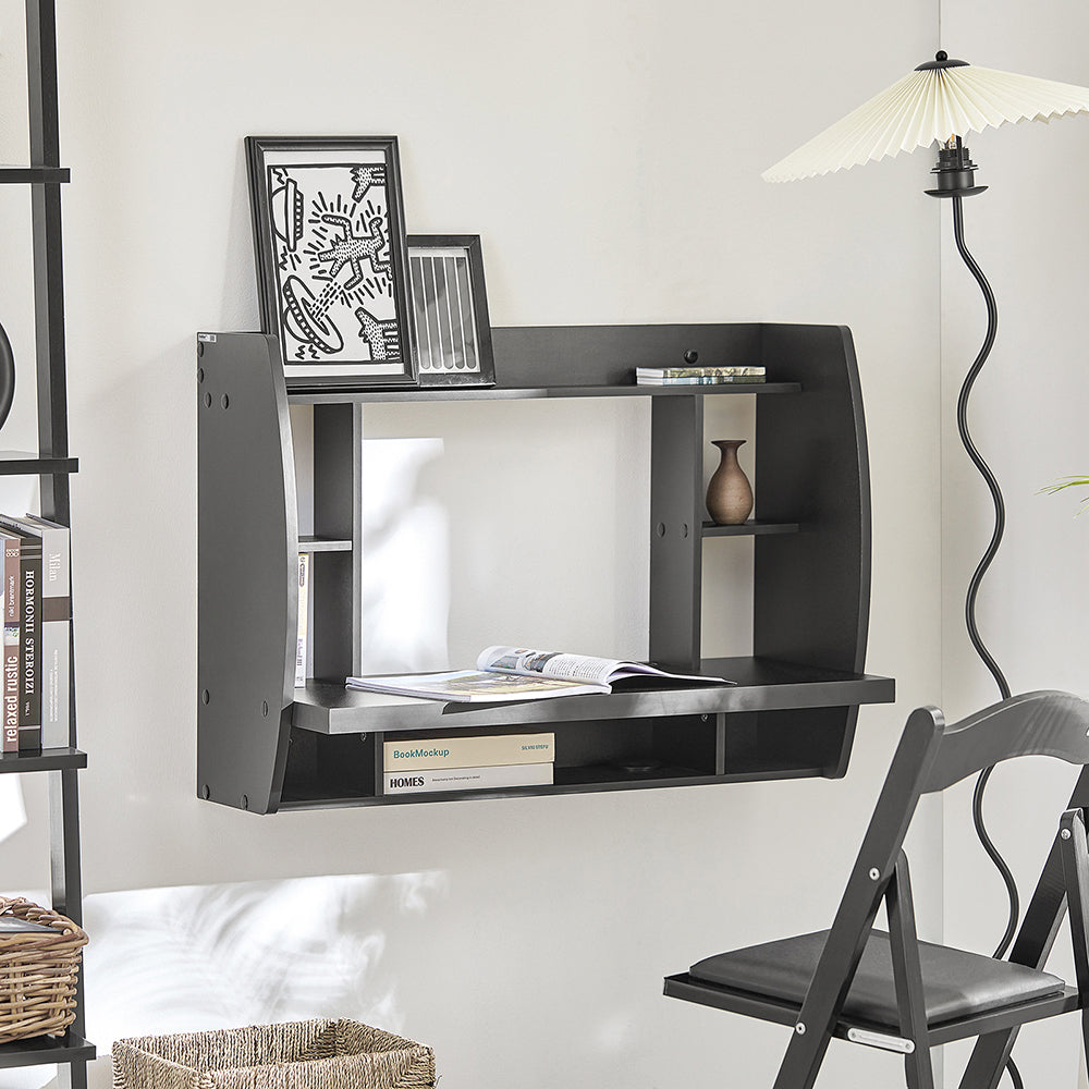 SoBuy FWT18-SCH,Wall-mounted Table Desk with Storage Shelves and Drawers,Home Office Desk Workstation,Black